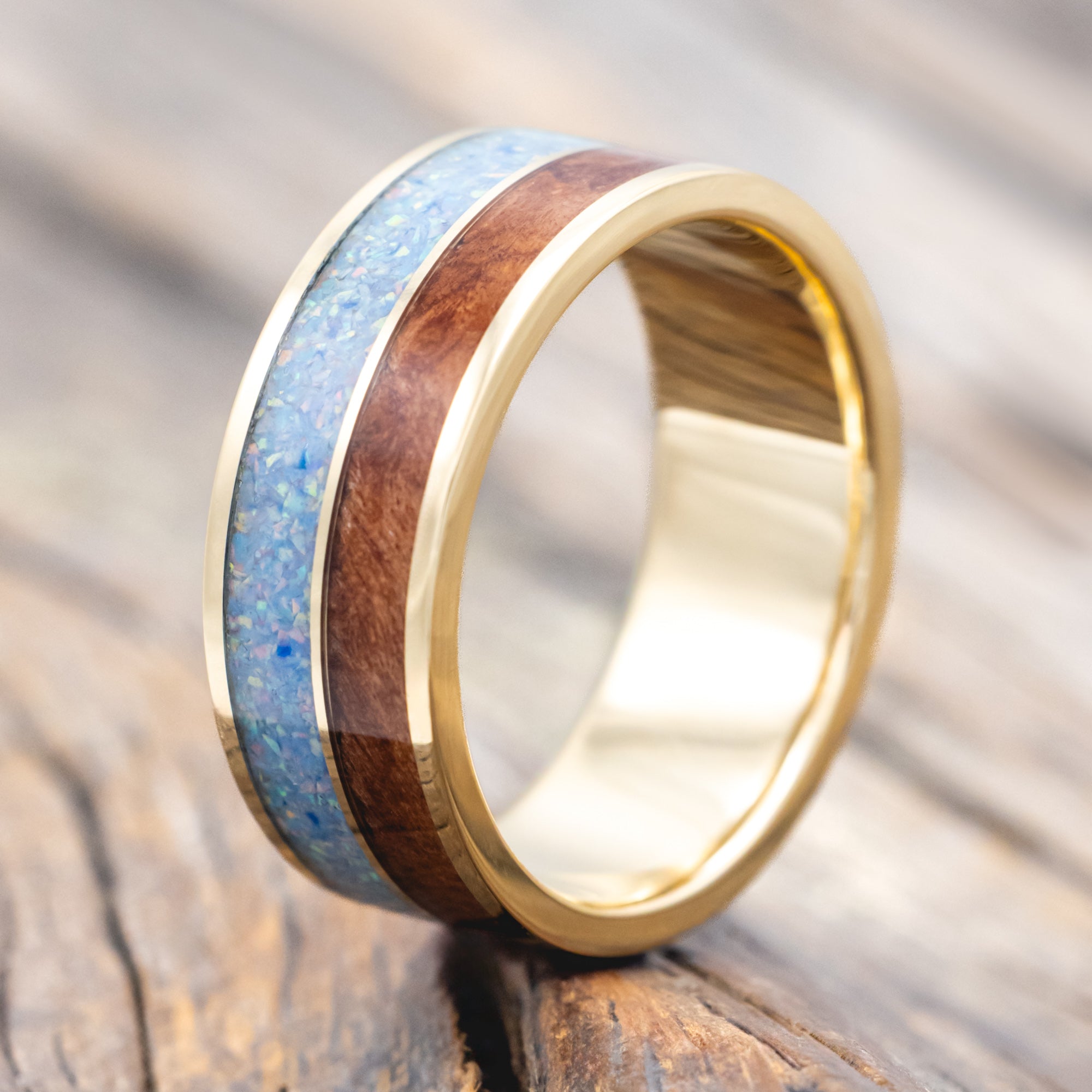 "DYAD" - COTTON CANDY OPAL & REDWOOD WEDDING BAND-Staghead Designs