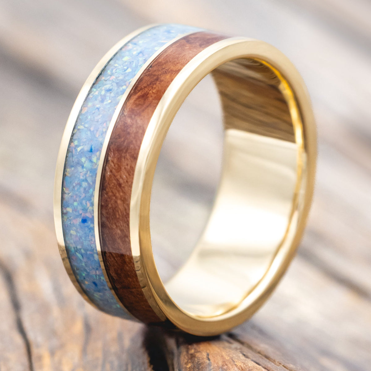 "DYAD" - COTTON CANDY OPAL & REDWOOD WEDDING BAND-Staghead Designs