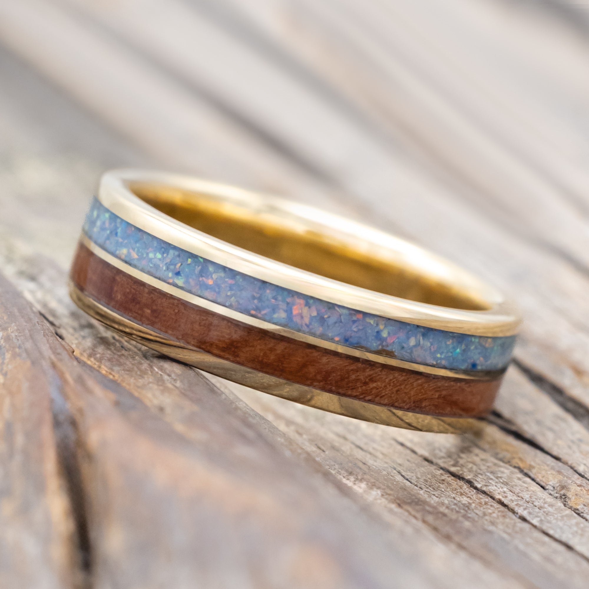 "DYAD" - MATCHING SET OF COTTON CANDY OPAL & REDWOOD WEDDING BANDS-Staghead Designs