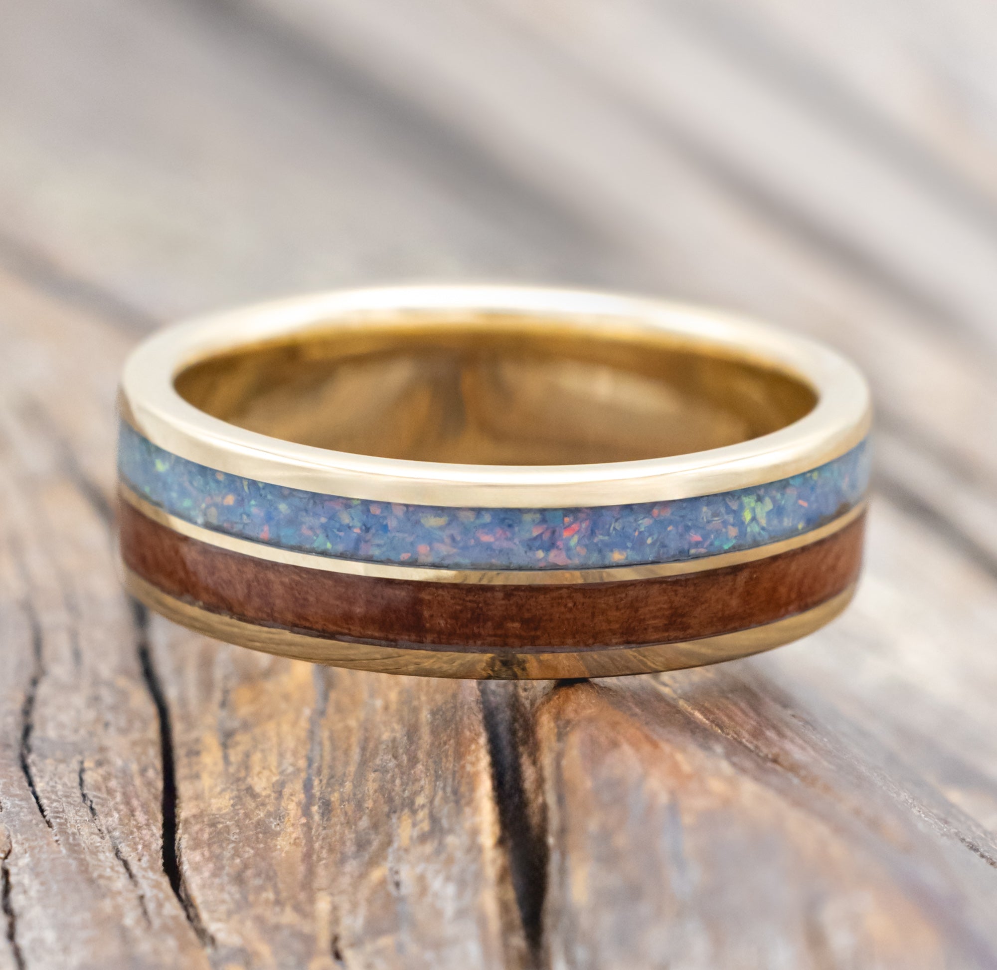 "DYAD" - MATCHING SET OF COTTON CANDY OPAL & REDWOOD WEDDING BANDS-Staghead Designs