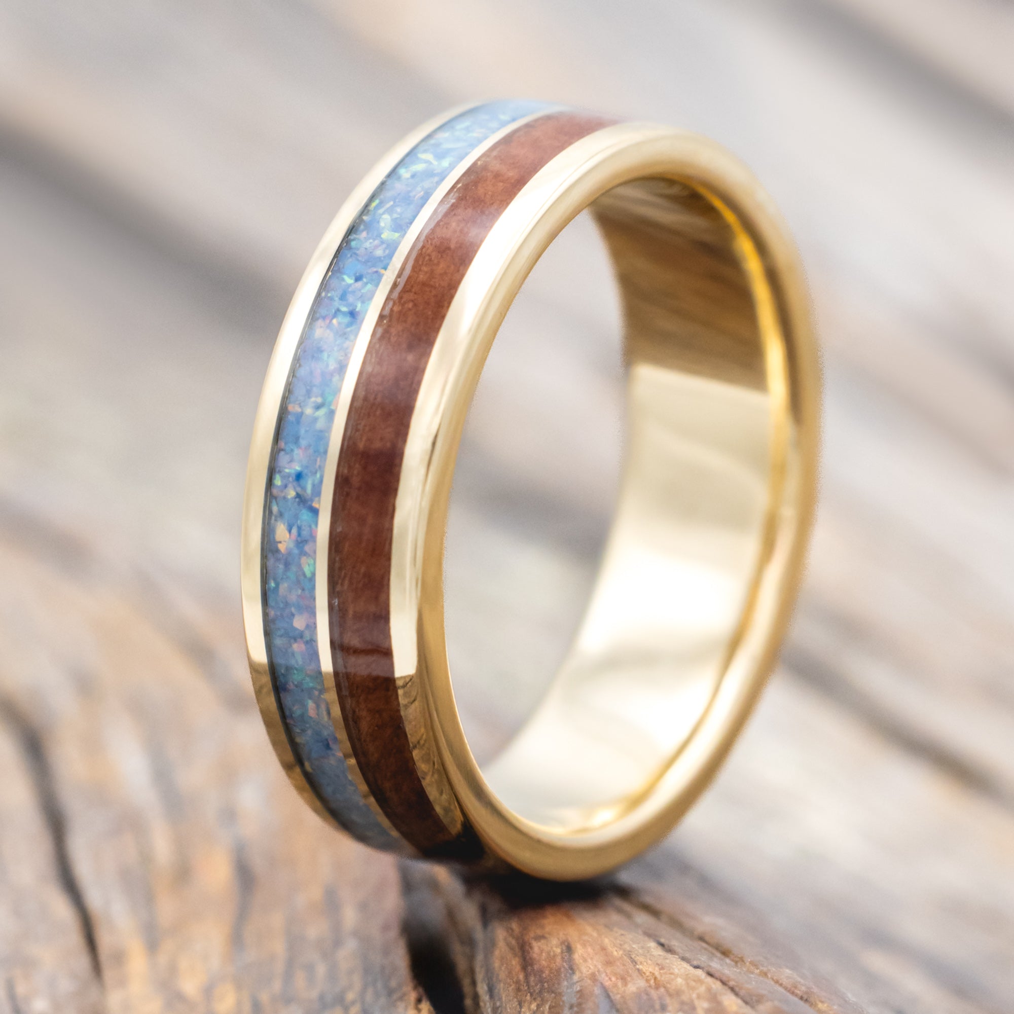 "DYAD" - MATCHING SET OF COTTON CANDY OPAL & REDWOOD WEDDING BANDS-Staghead Designs