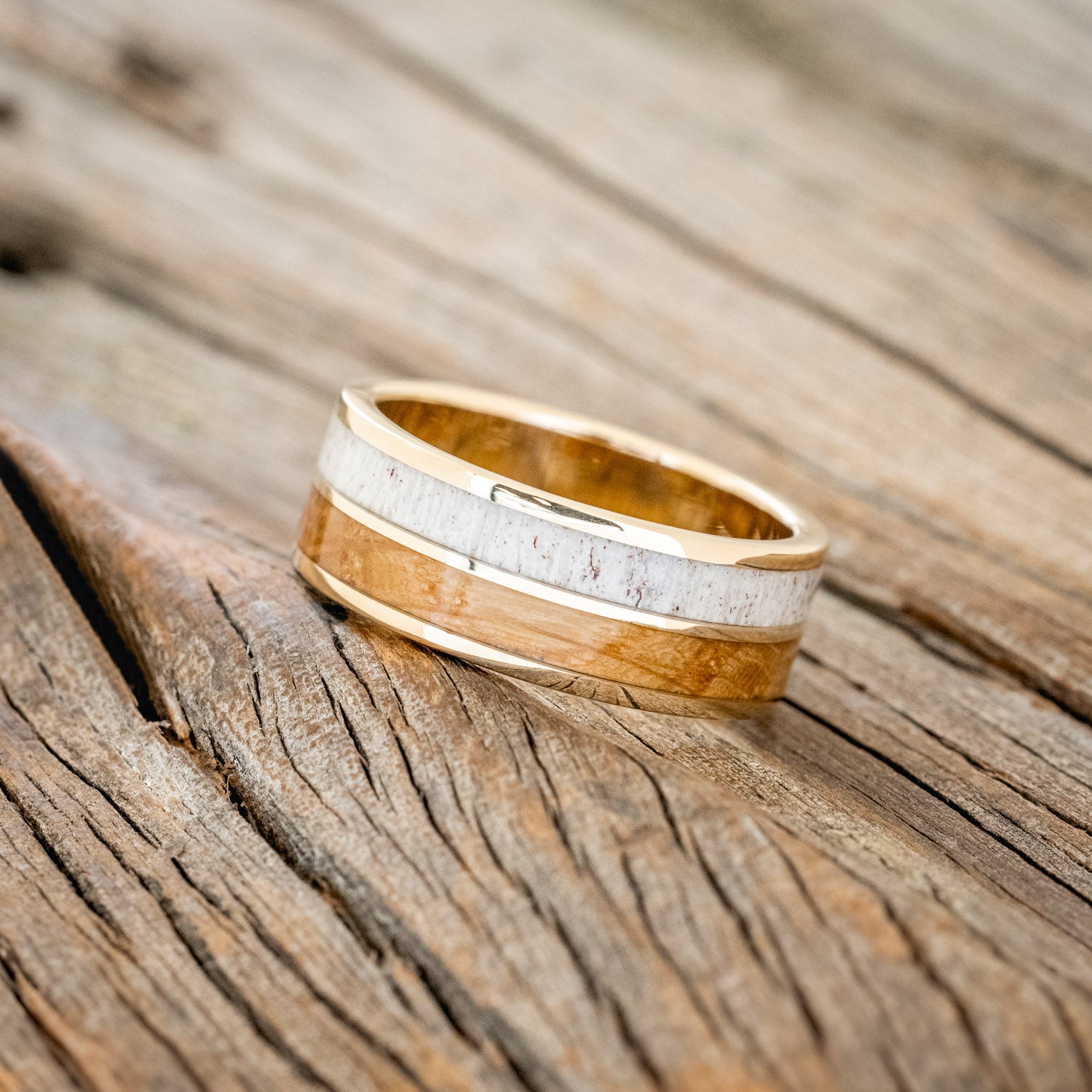 "DYAD" - WHISKEY BARREL OAK & ANTLER WEDDING BAND-21