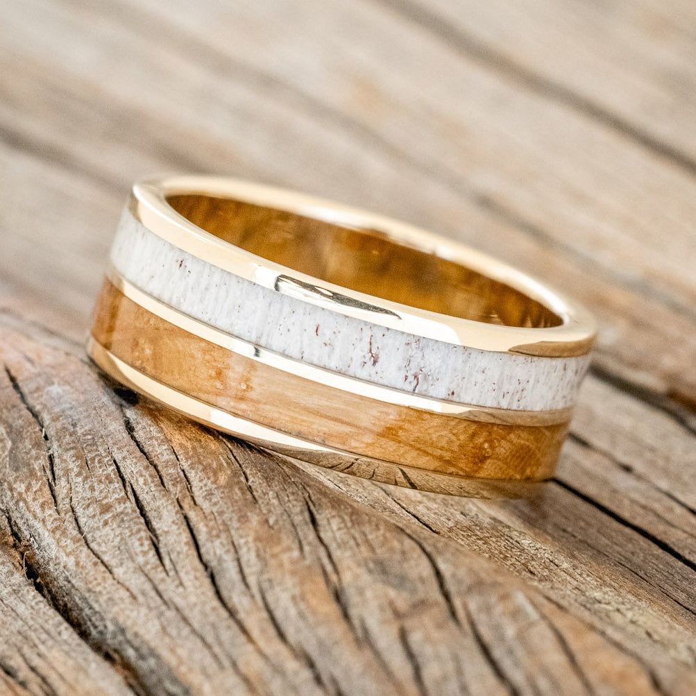 "DYAD" - WHISKEY BARREL OAK & ANTLER WEDDING BAND-21