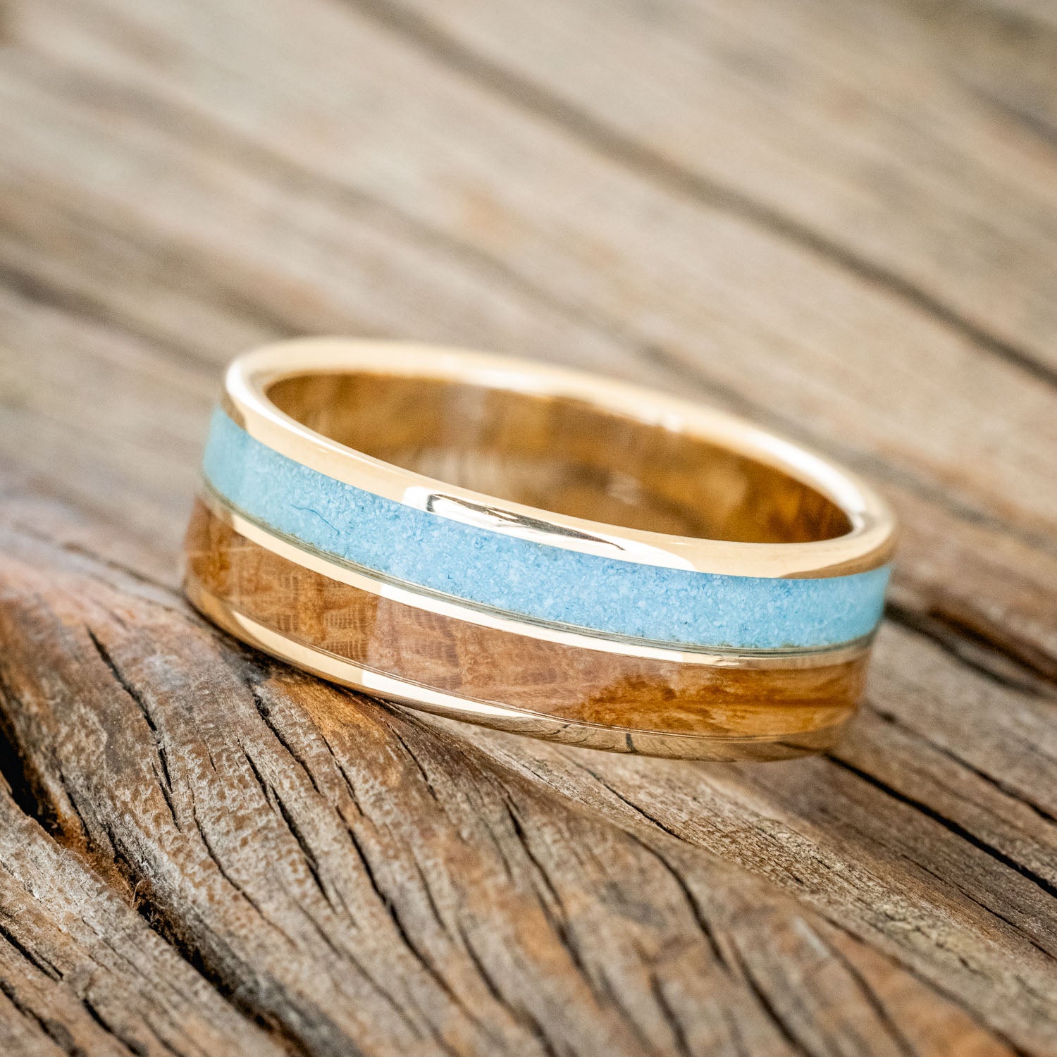 "DYAD" - WHISKEY BARREL OAK & TURQUOISE WEDDING BAND-5