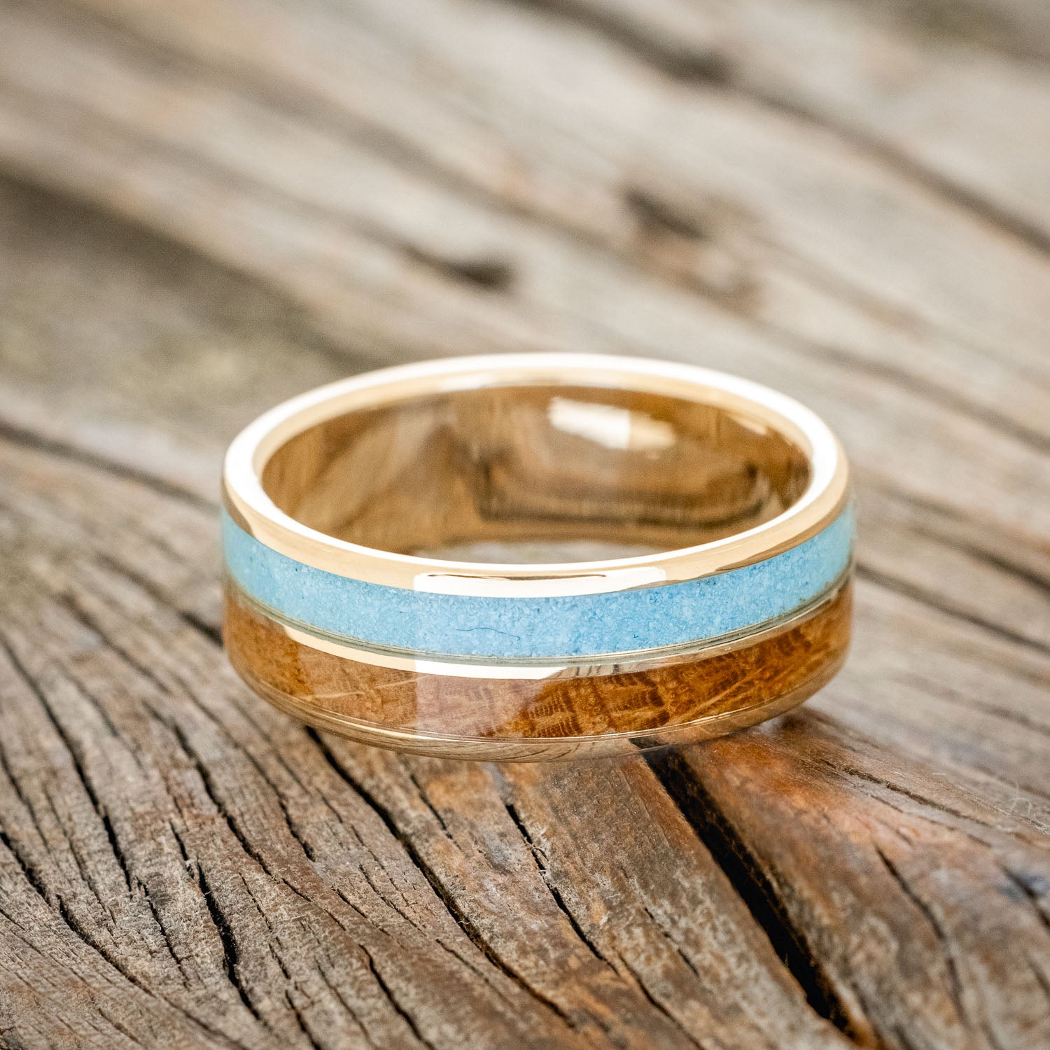"DYAD" - WHISKEY BARREL OAK & TURQUOISE WEDDING BAND-6