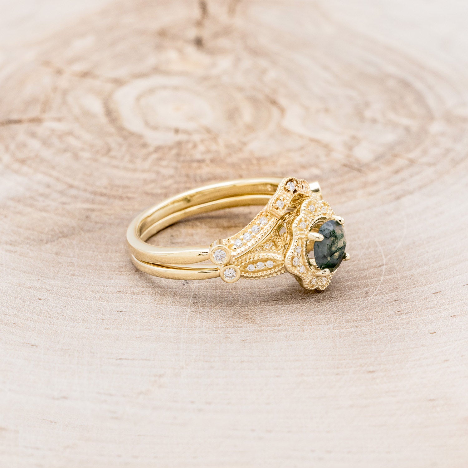 "EILEEN" - ROUND CUT MOSS AGATE ENGAGEMENT RING WITH DIAMOND ACCENTS & TRACER-20