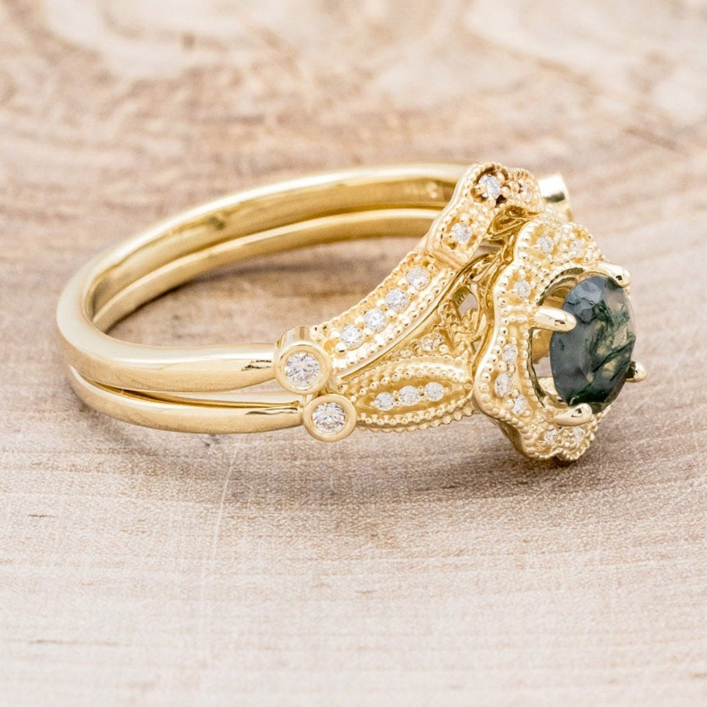 "EILEEN" - ROUND CUT MOSS AGATE ENGAGEMENT RING WITH DIAMOND ACCENTS & TRACER-20