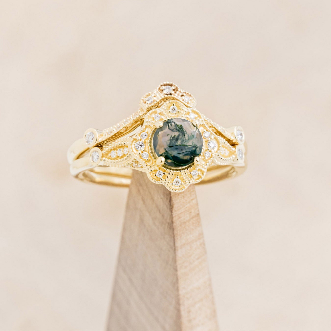"EILEEN" - ROUND CUT MOSS AGATE ENGAGEMENT RING WITH DIAMOND ACCENTS & TRACER-19