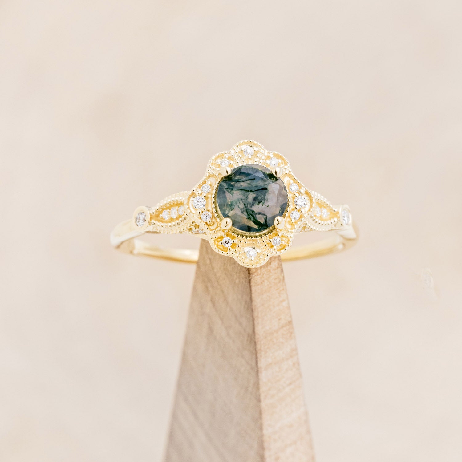 "EILEEN" - ROUND CUT MOSS AGATE ENGAGEMENT RING WITH DIAMOND ACCENTS & TRACER-25
