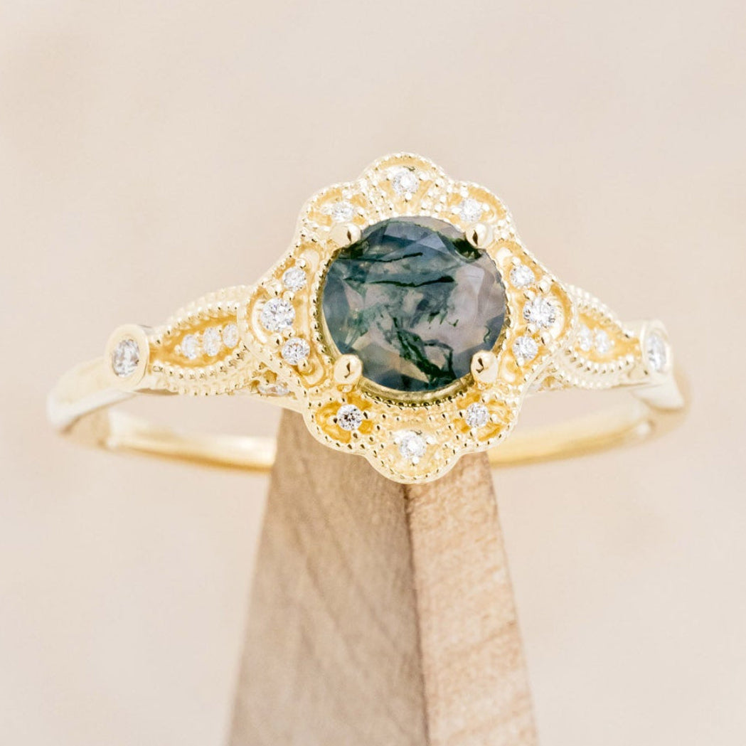 "EILEEN" - ROUND CUT MOSS AGATE ENGAGEMENT RING WITH DIAMOND ACCENTS & TRACER-25