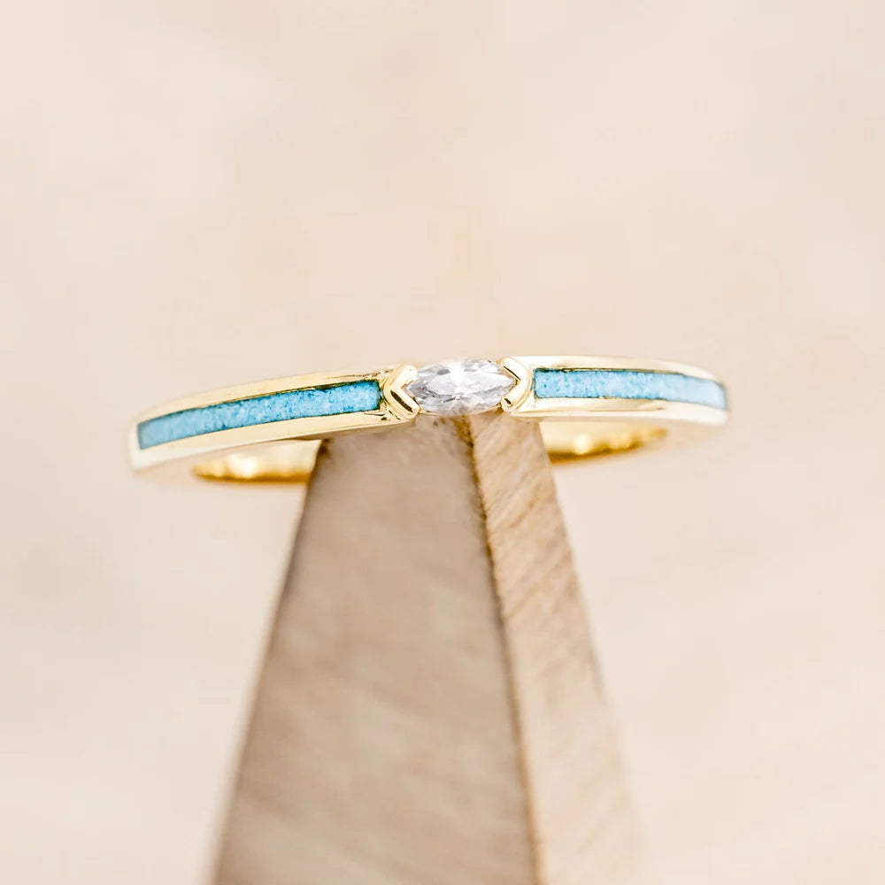 "Elba" - Marquise Cut Moissanite Engagement Ring With Turquoise Inlays - 14K Yellow Gold - Size 7
