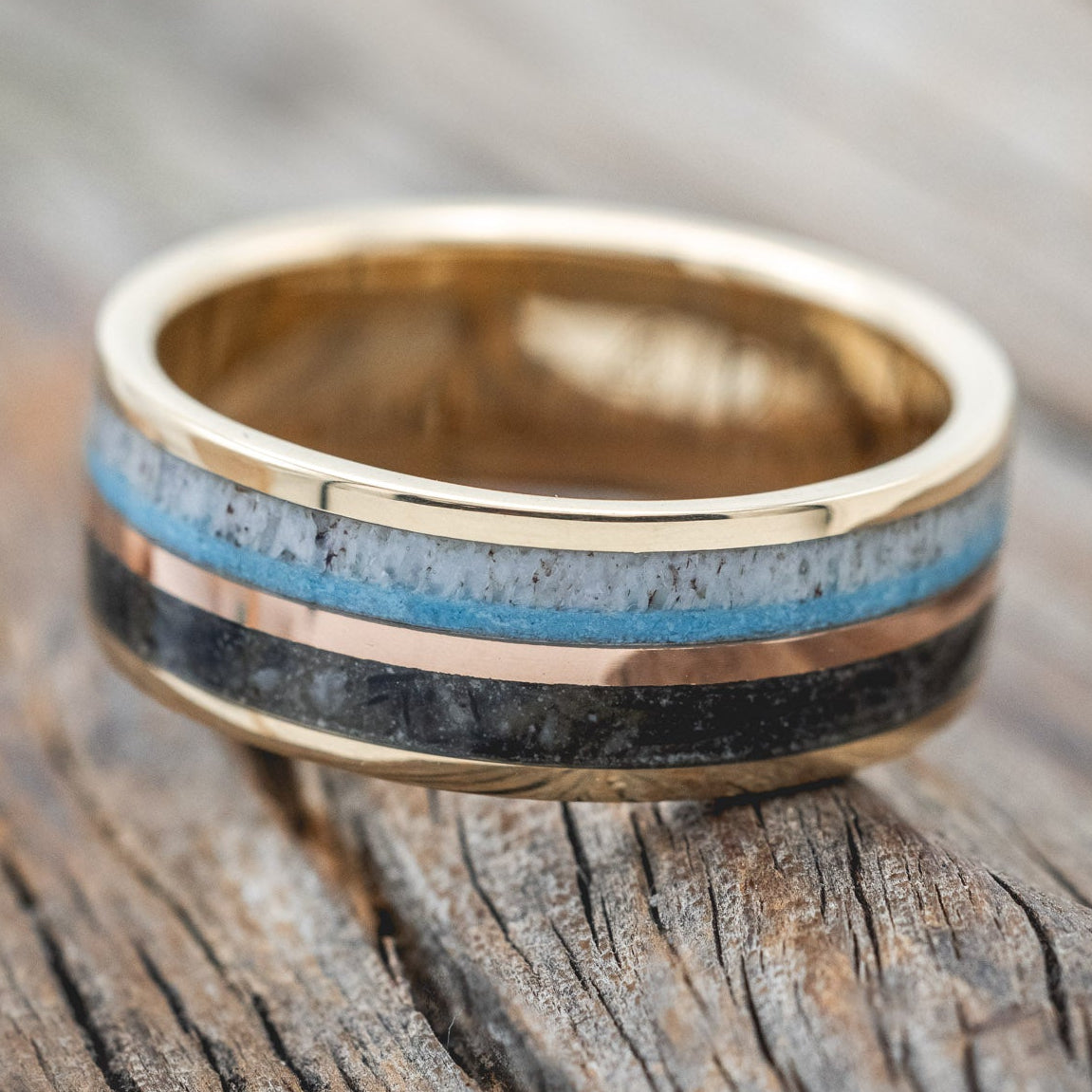 "ELEMENT" - MOONSTONE, TURQUOISE, ANTLER & 14K ROSE GOLD INLAY WEDDING BAND-Staghead Designs