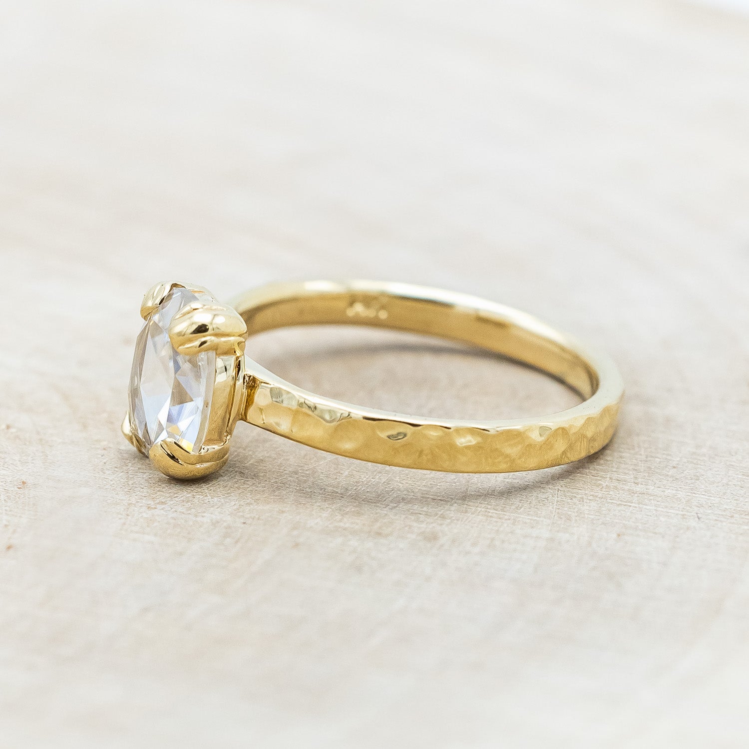 "ELLA" - ANTIQUE CUSHION ROSE CUT MOISSANITE SOLITAIRE ENGAGEMENT RING WITH HAMMERED FINISH-Staghead Designs