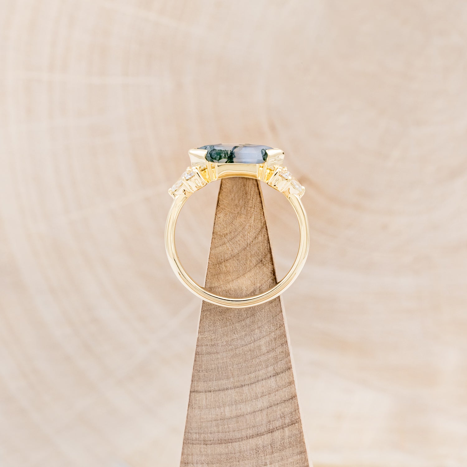 "SILVIA" - ELONGATED HEXAGON MOSS AGATE ENGAGEMENT RING WITH DIAMOND ACCENTS-6