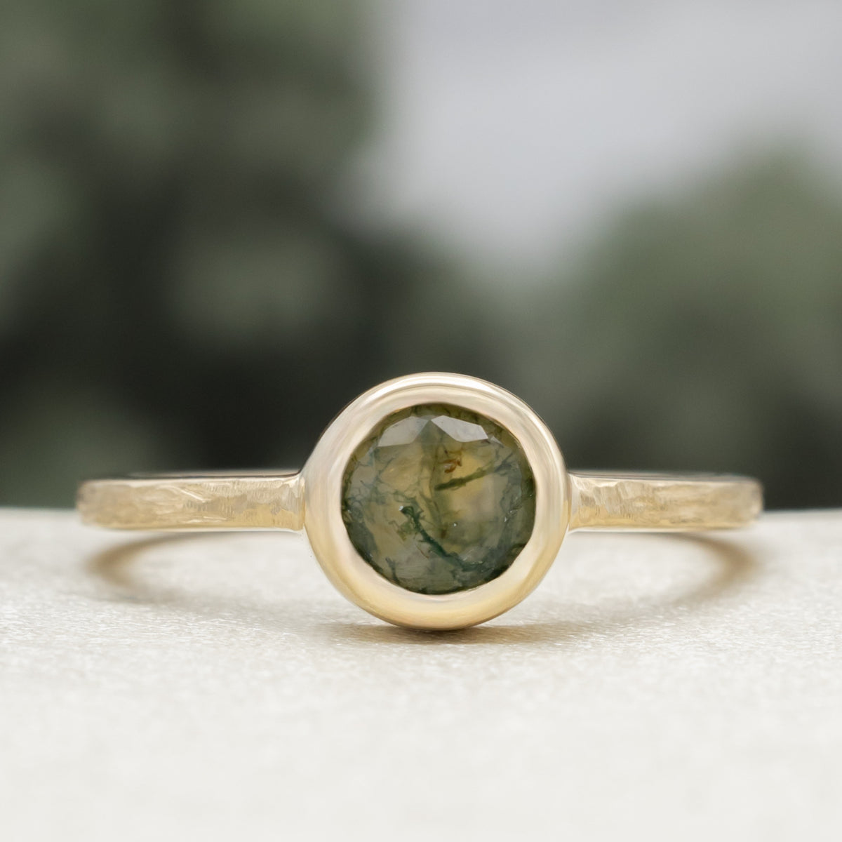 "Evelyn" - Bezel Set Moss Agate Solitaire Engagement Ring With Tracer In A Hammered Finish-Staghead Designs