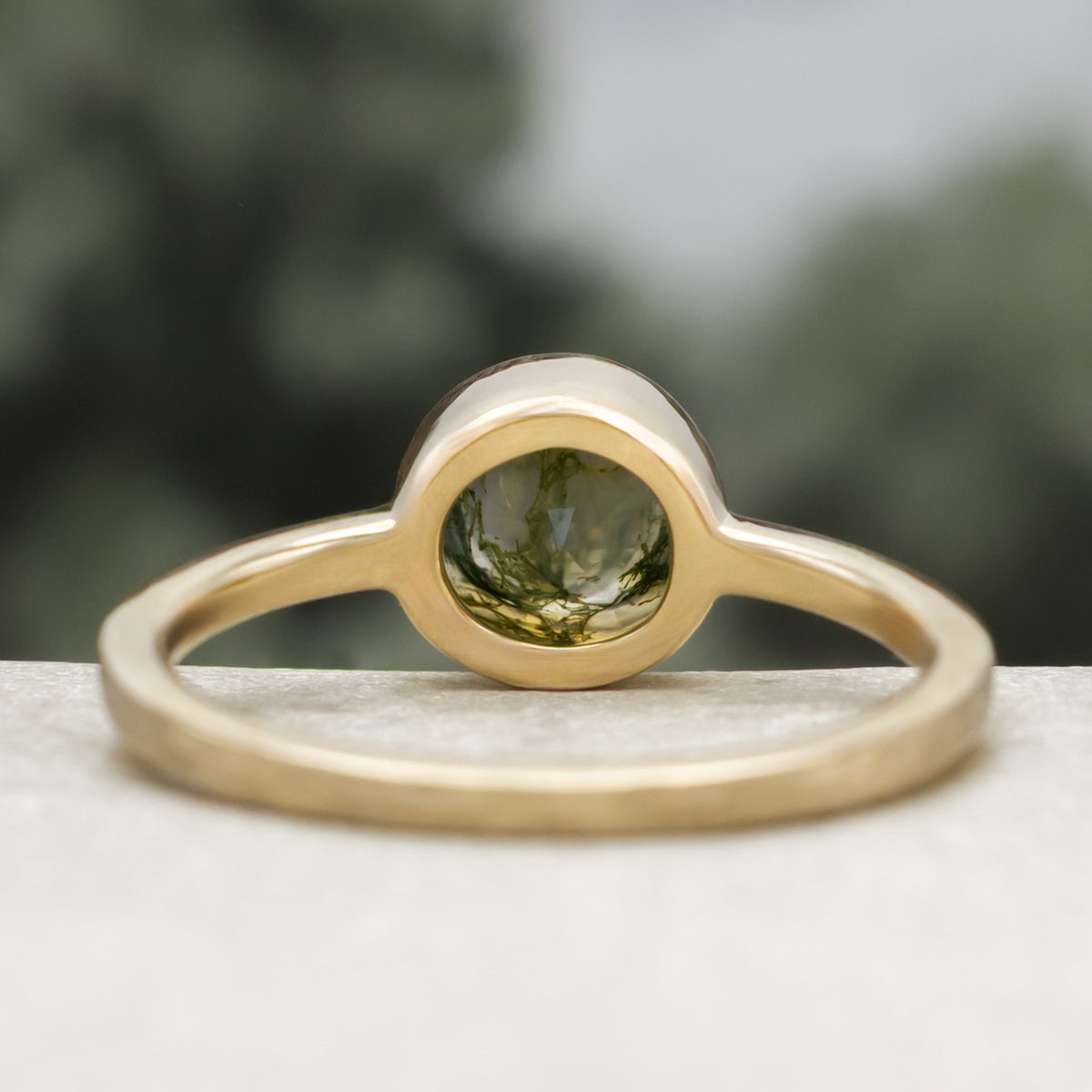 "Evelyn" - Bezel Set Moss Agate Solitaire Engagement Ring With Tracer In A Hammered Finish-Staghead Designs