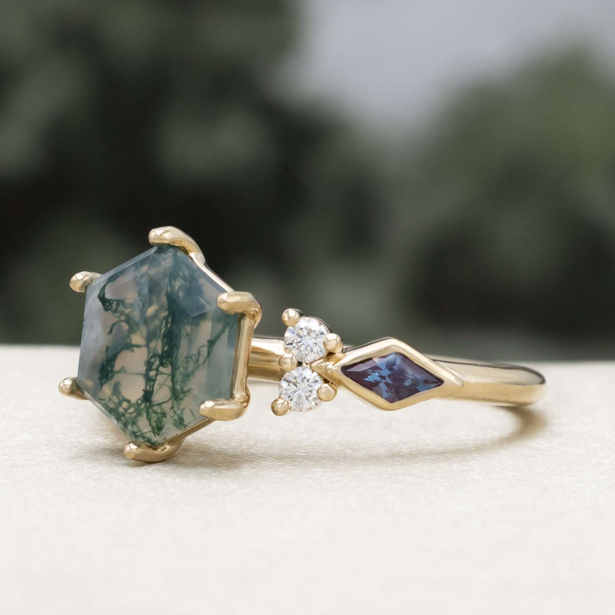 "Everett" - Hexagon Cut Moss Agate Engagement Ring With Side Diamonds & Lab-Grown Alexandrite Accents-Staghead Designs