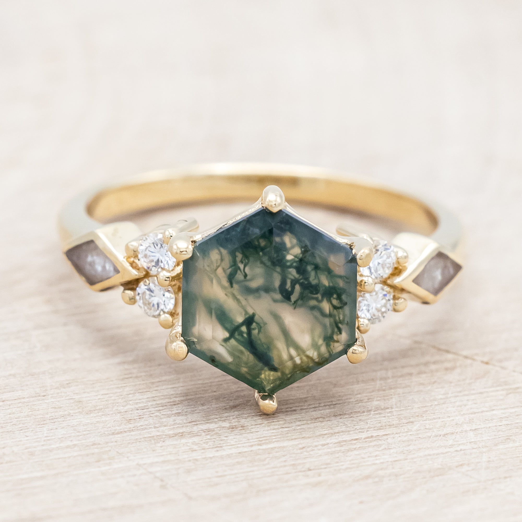 "EVERETT" - HEXAGON CUT MOSS AGATE ENGAGEMENT RING WITH DIAMOND ACCENTS & DIAMOND DUST INLAYS-Staghead Designs