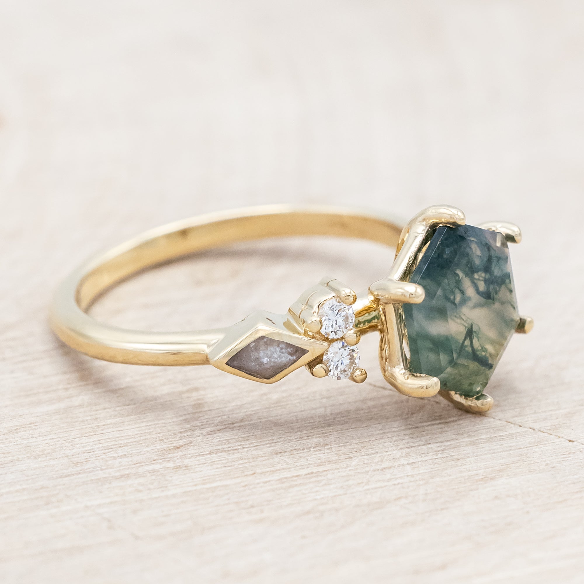 "EVERETT" - HEXAGON CUT MOSS AGATE ENGAGEMENT RING WITH DIAMOND ACCENTS & DIAMOND DUST INLAYS-Staghead Designs