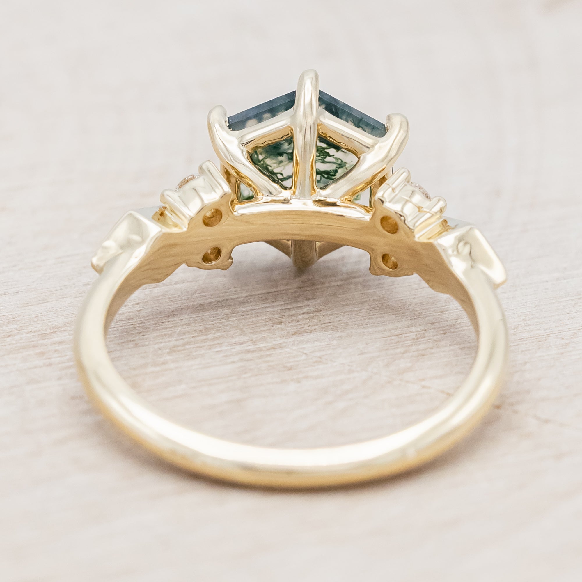 "EVERETT" - HEXAGON CUT MOSS AGATE ENGAGEMENT RING WITH DIAMOND ACCENTS & DIAMOND DUST INLAYS-Staghead Designs