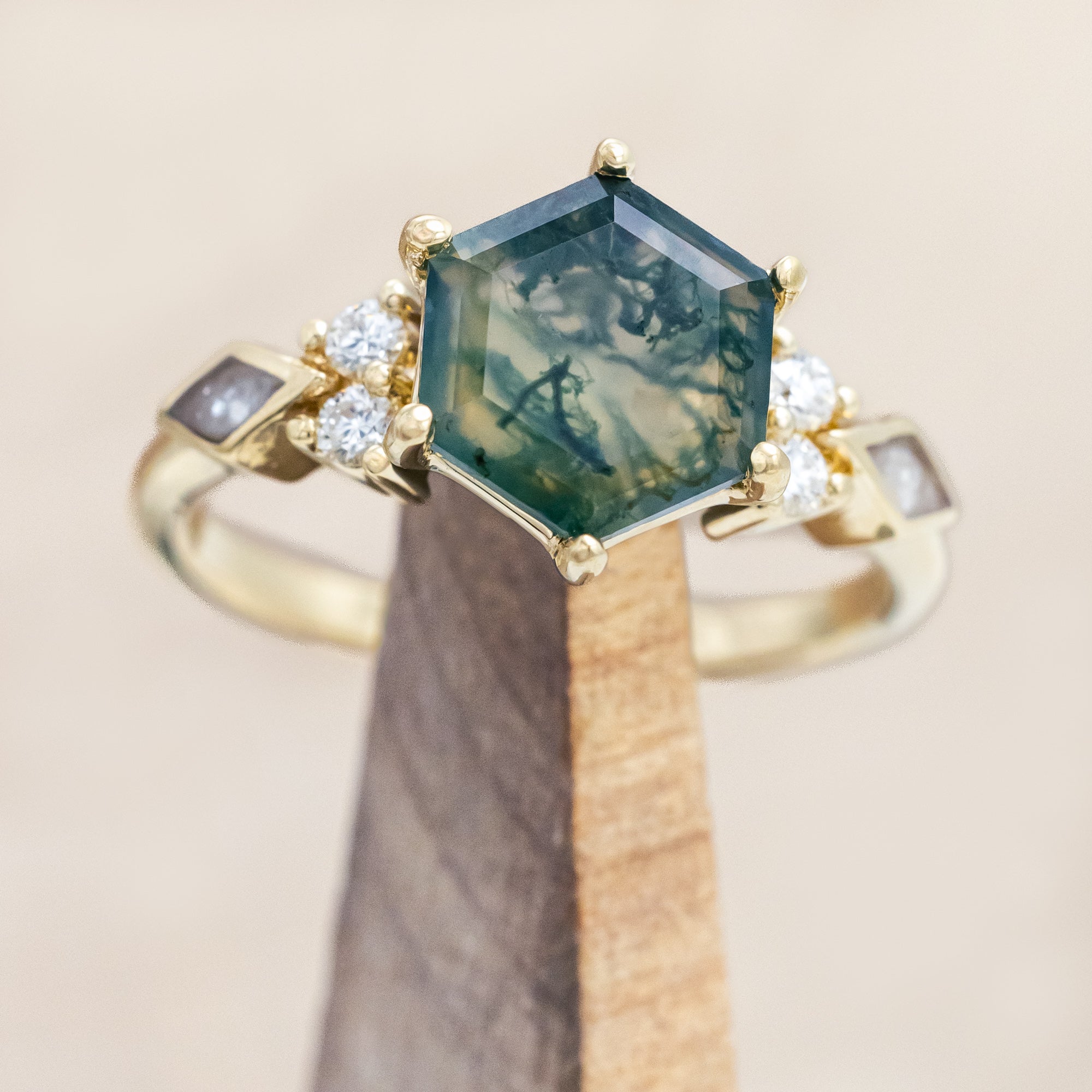 "EVERETT" - HEXAGON CUT MOSS AGATE ENGAGEMENT RING WITH DIAMOND ACCENTS & DIAMOND DUST INLAYS-Staghead Designs