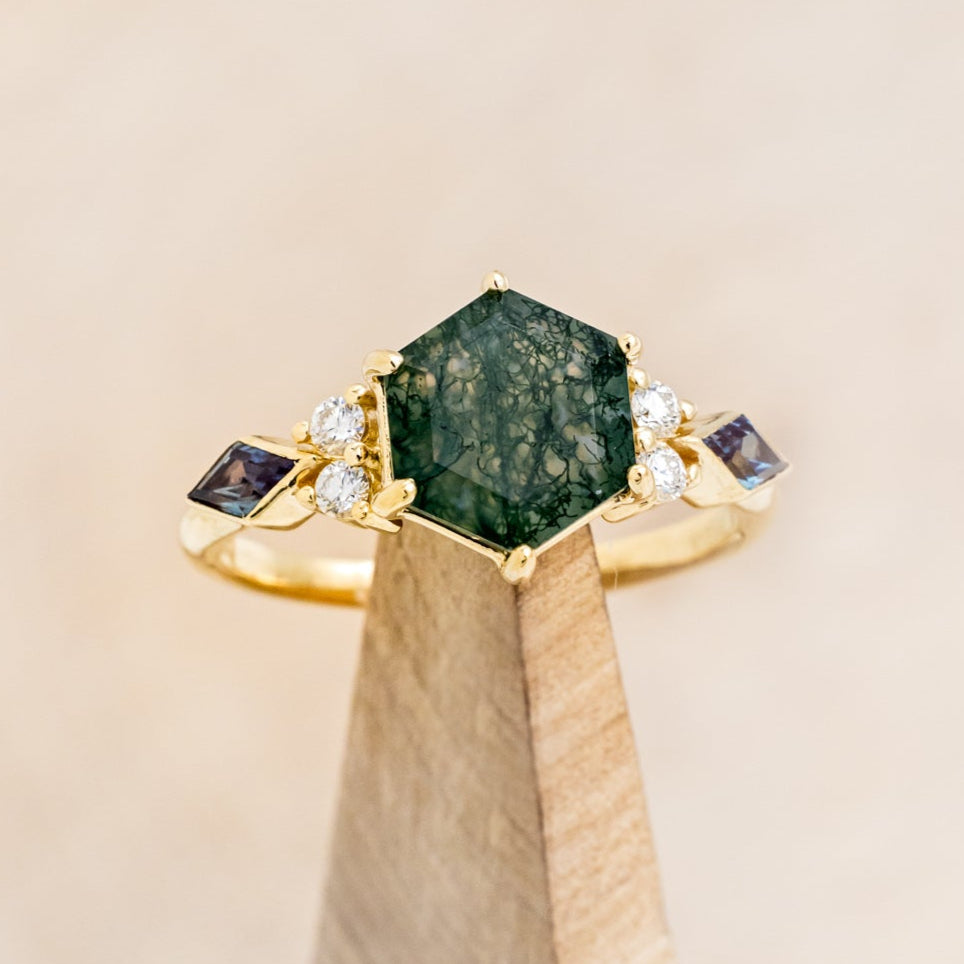 "EVERETT" - HEXAGON MOSS AGATE ENGAGEMENT RING WITH SIDE DIAMOND & LAB GROWN ALEXANDRITE ACCENTS-7