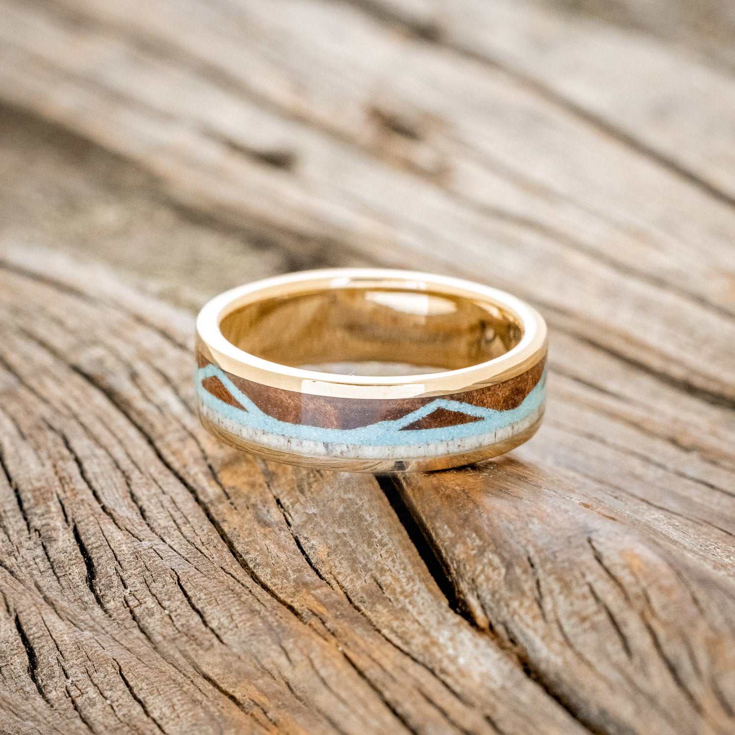 "THE EXPEDITION" - MOUNTAIN ENGRAVED WEDDING RING WITH REDWOOD, TURQUOISE & ANTLER-15