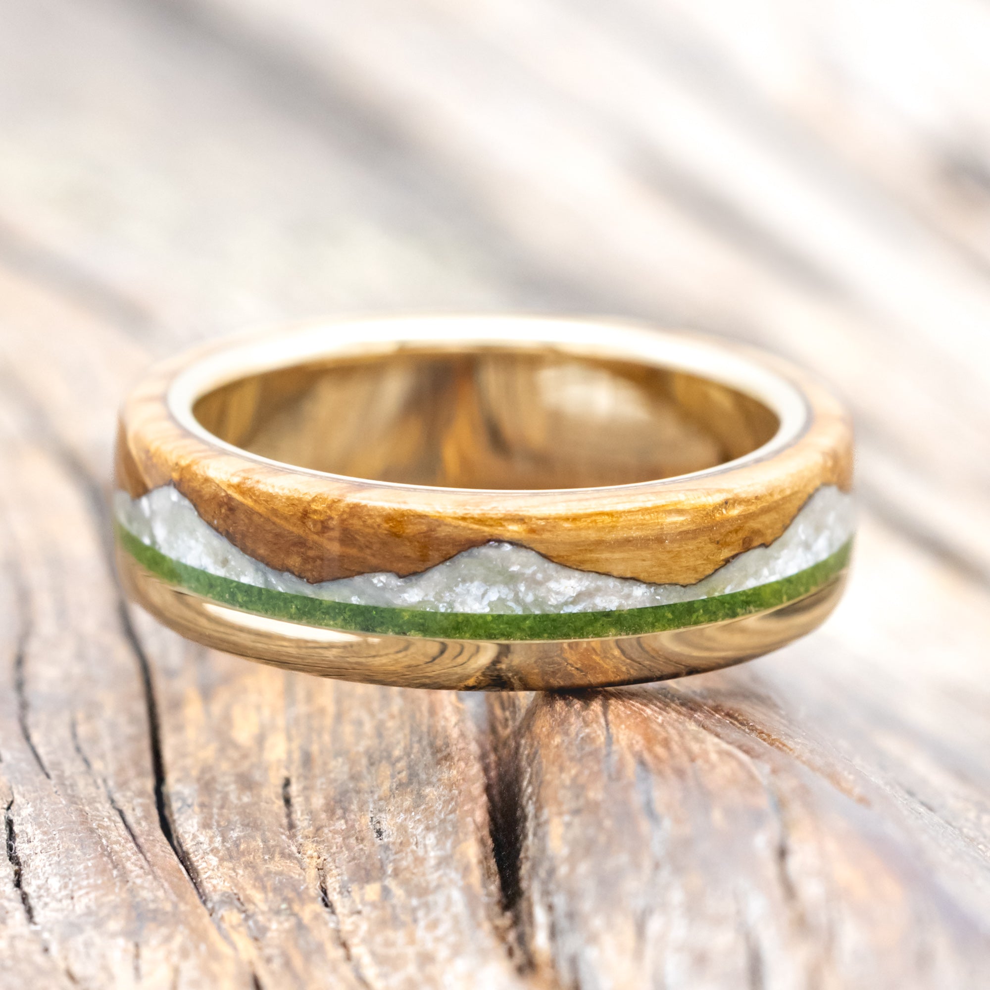 "EZRA" - WHISKEY BARREL OAK WITH DIAMOND DUST & MOSS INLAY WEDDING RING-Staghead Designs