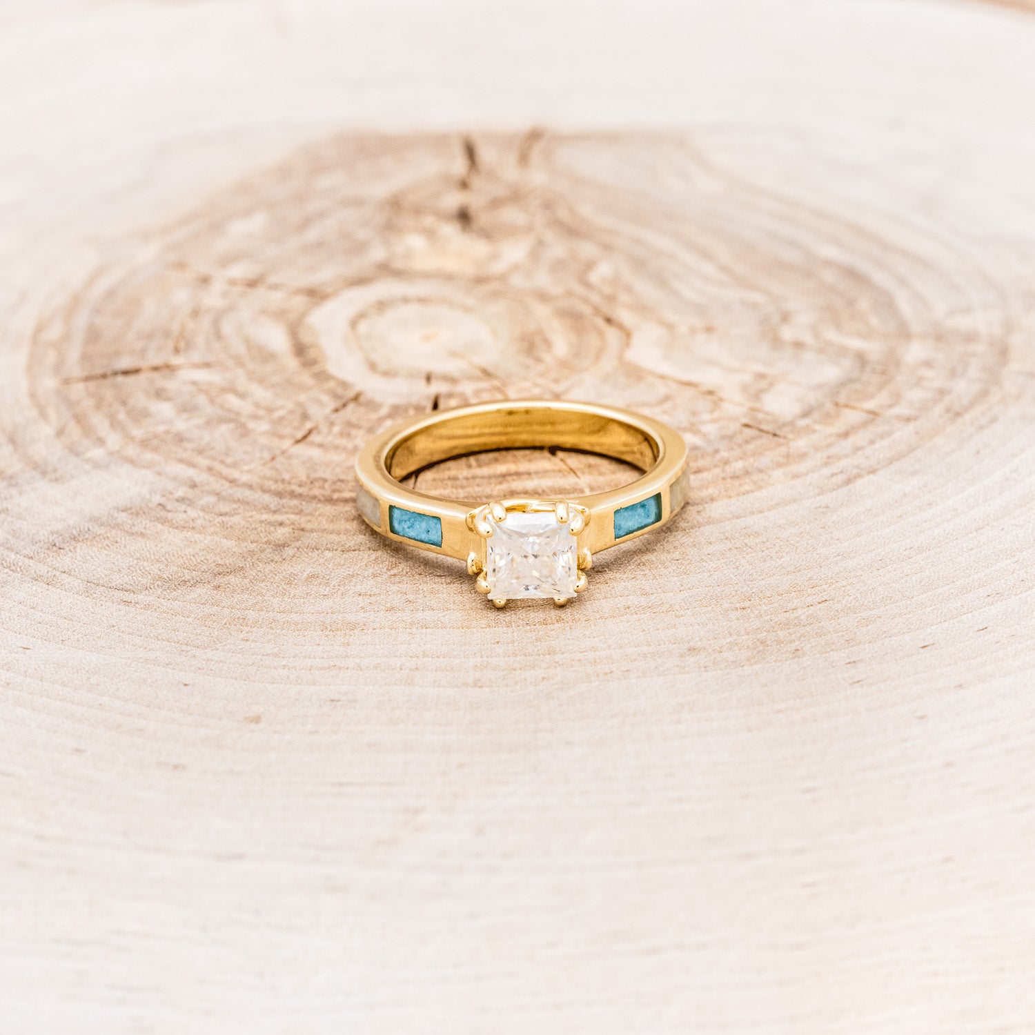 "FAWN" - PRINCESS CUT MOISSANITE ANTLER PRONGED ENGAGEMENT RING WITH ANTLER & TURQUOISE INLAYS-10