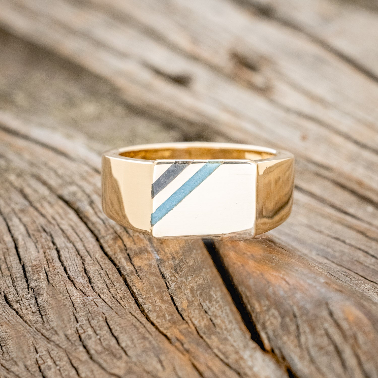 "COLTER" - FLAT TOP WEDDING RING FEATURING DIAGONAL ONYX & TURQUOISE INLAYS-3