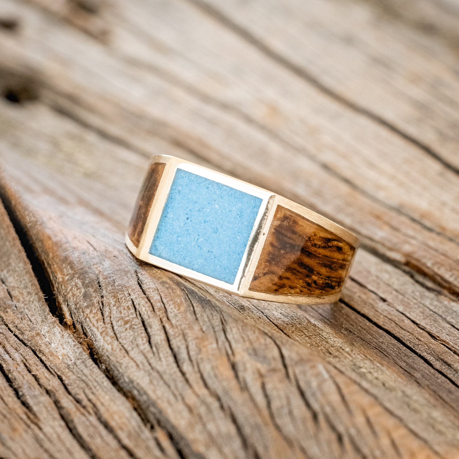 FLAT TOP WEDDING RING FEATURING TURQUOISE & WHISKEY BARREL INLAYS-Staghead Designs