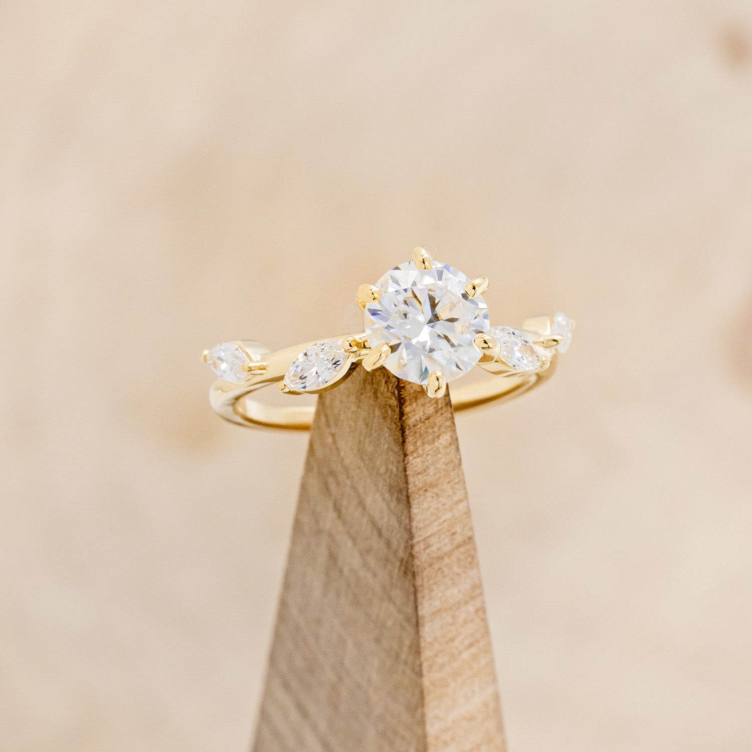 "Flora" - Round Cut Moissanite Engagement Ring With Marquise Cut Diamond Accents - 14K Yellow Gold - Size 4 1/2-Staghead Designs