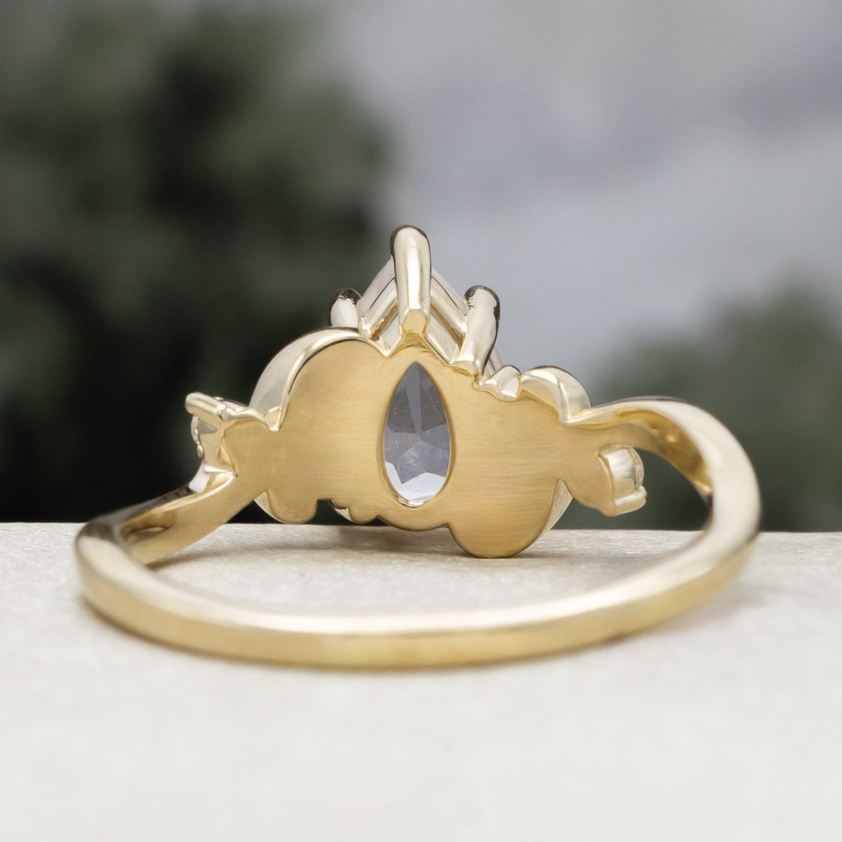 "Gladys" - Pear Cut Rose Quartz Engagement Ring With Diamond Accents On A Floral-Style Band