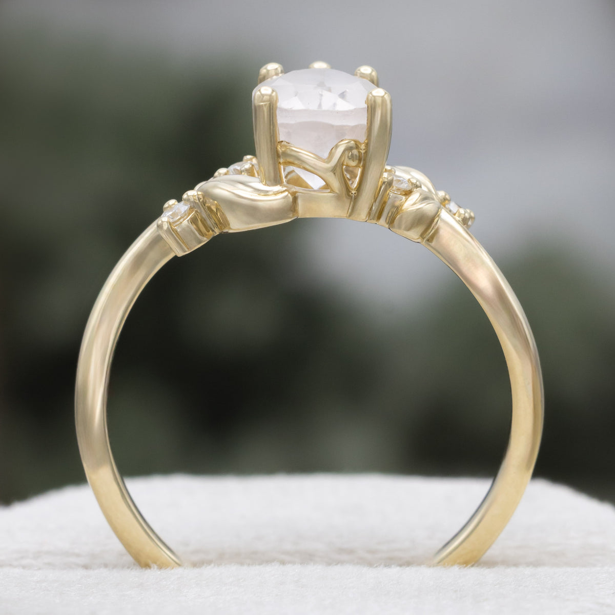 "Gladys" - Pear Cut Rose Quartz Engagement Ring With Diamond Accents On A Floral-Style Band