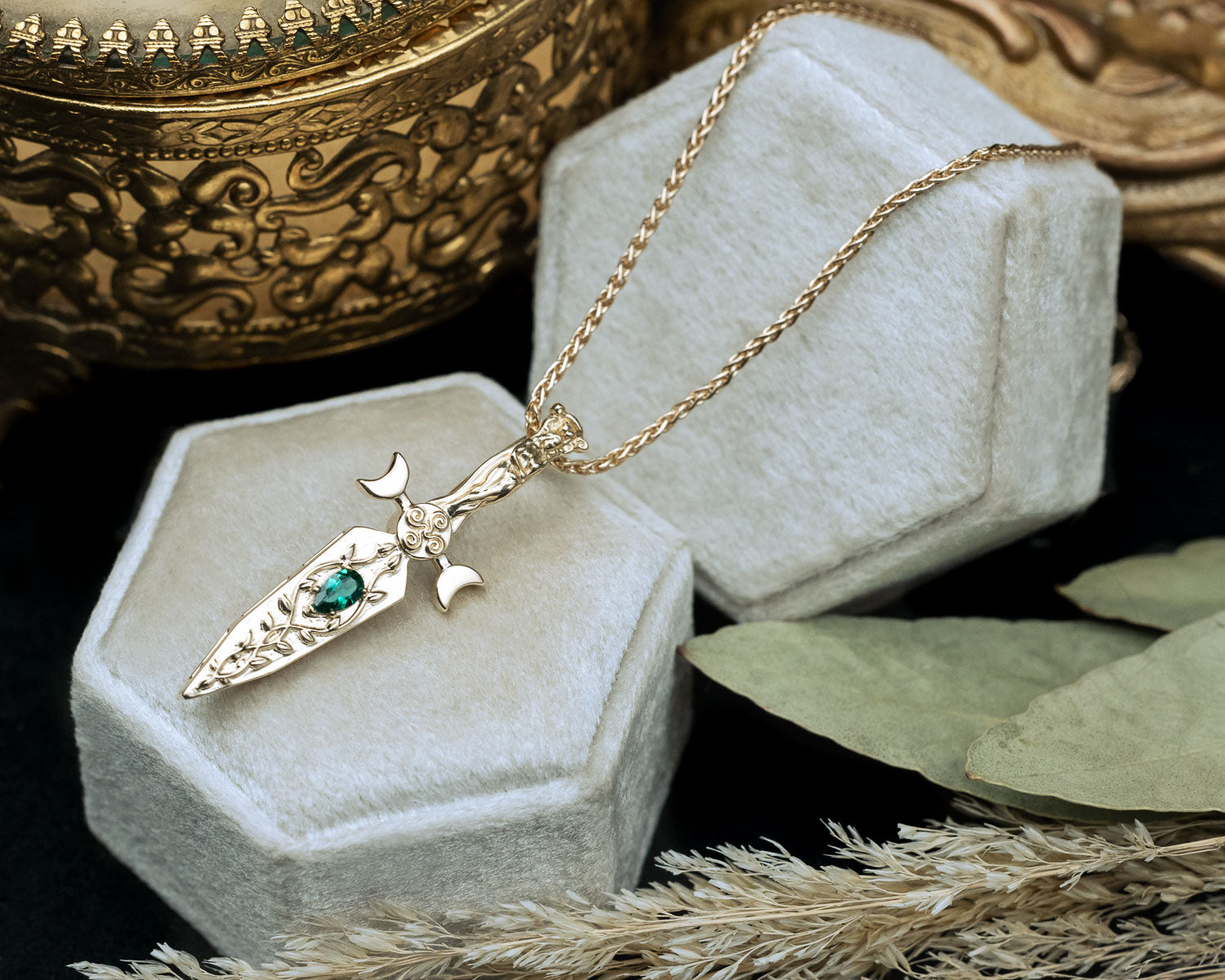 GODDESS DAGGER PENDANT IN 14K GOLD WITH LAB-GROWN PEAR CUT EMERALD-Staghead Designs