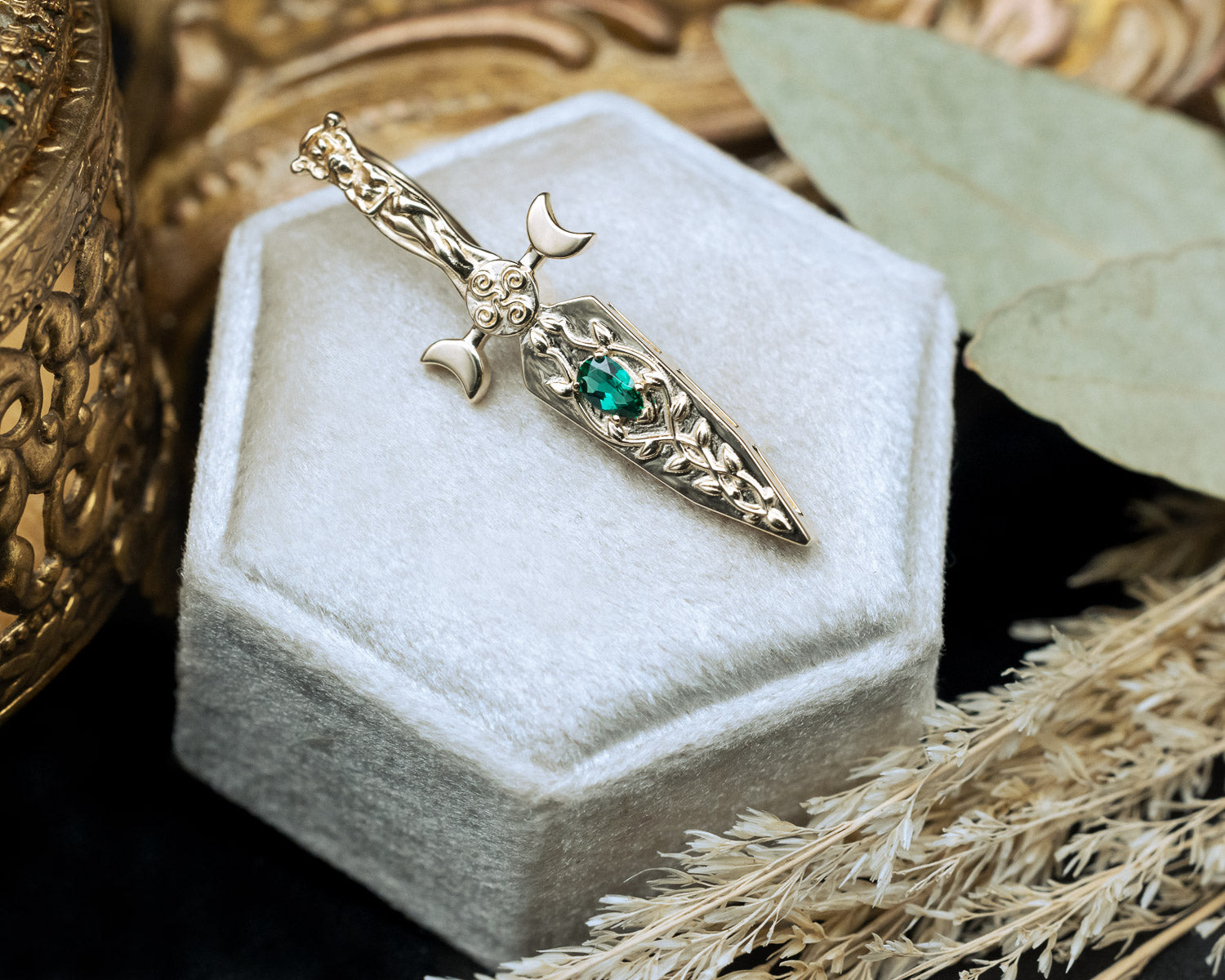 GODDESS DAGGER PENDANT IN 14K GOLD WITH LAB-GROWN PEAR CUT EMERALD-Staghead Designs