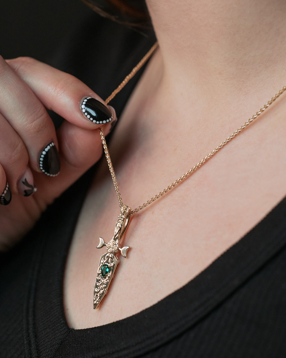 GODDESS DAGGER PENDANT IN 14K GOLD WITH LAB-GROWN PEAR CUT EMERALD-Staghead Designs
