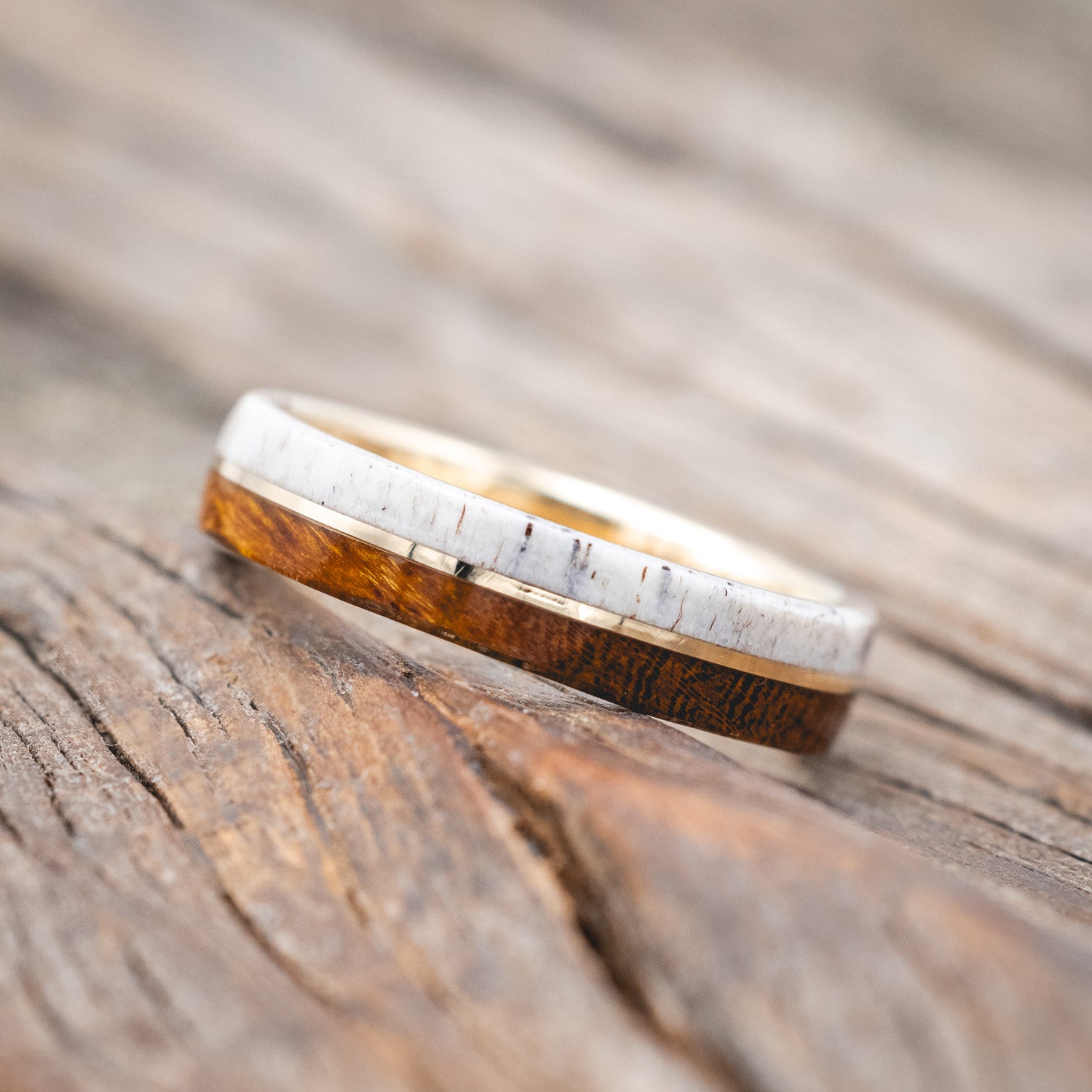 "GOLDEN" - IRONWOOD, ANTLER & 14K GOLD INLAY WEDDING BAND-Staghead Designs