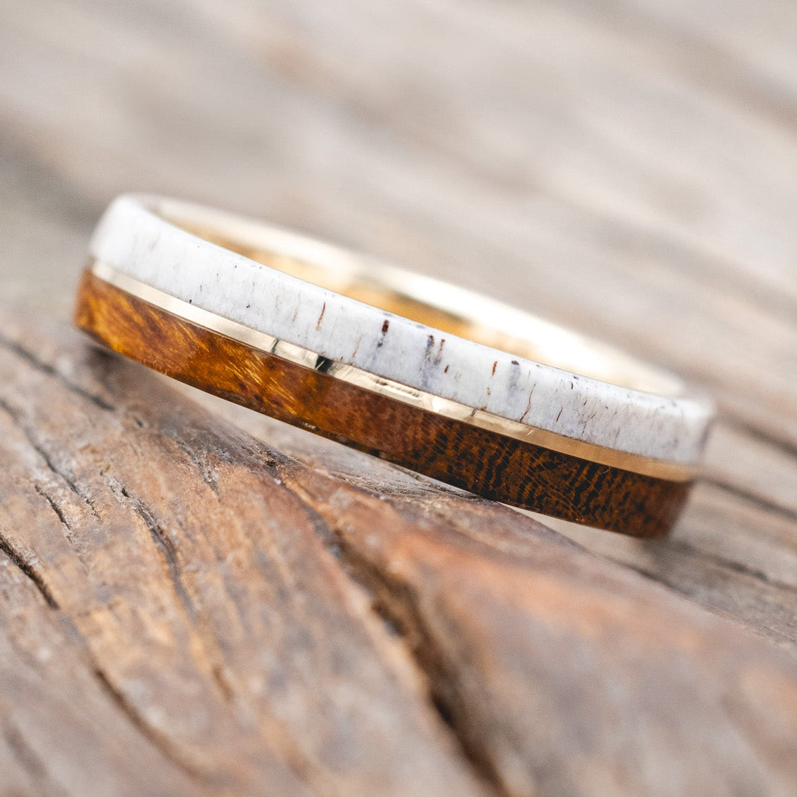 "Golden" - Ironwood, Antler & 14K Gold Inlay Wedding Band-Staghead Designs