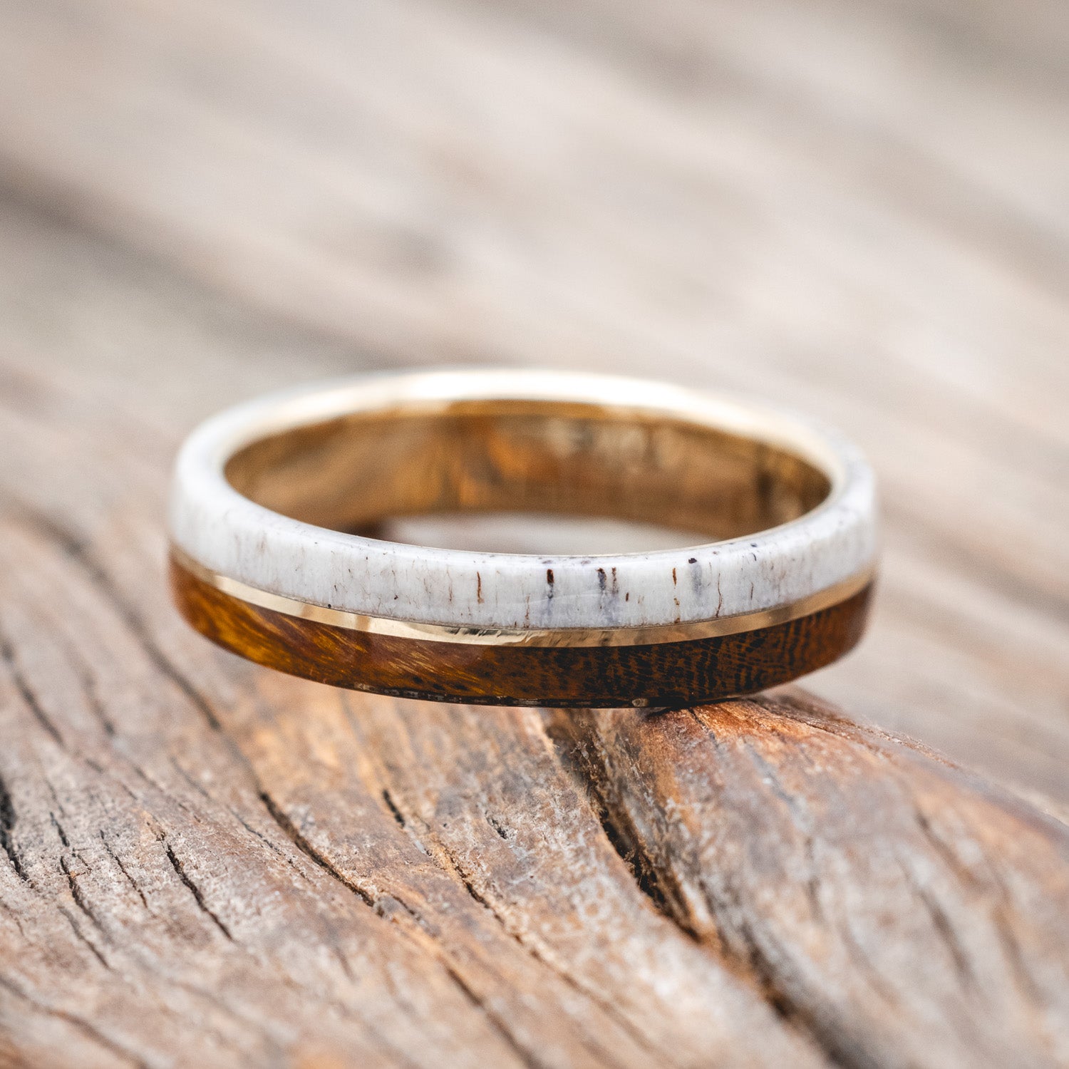 "GOLDEN" - IRONWOOD, ANTLER & 14K GOLD INLAY WEDDING BAND-Staghead Designs