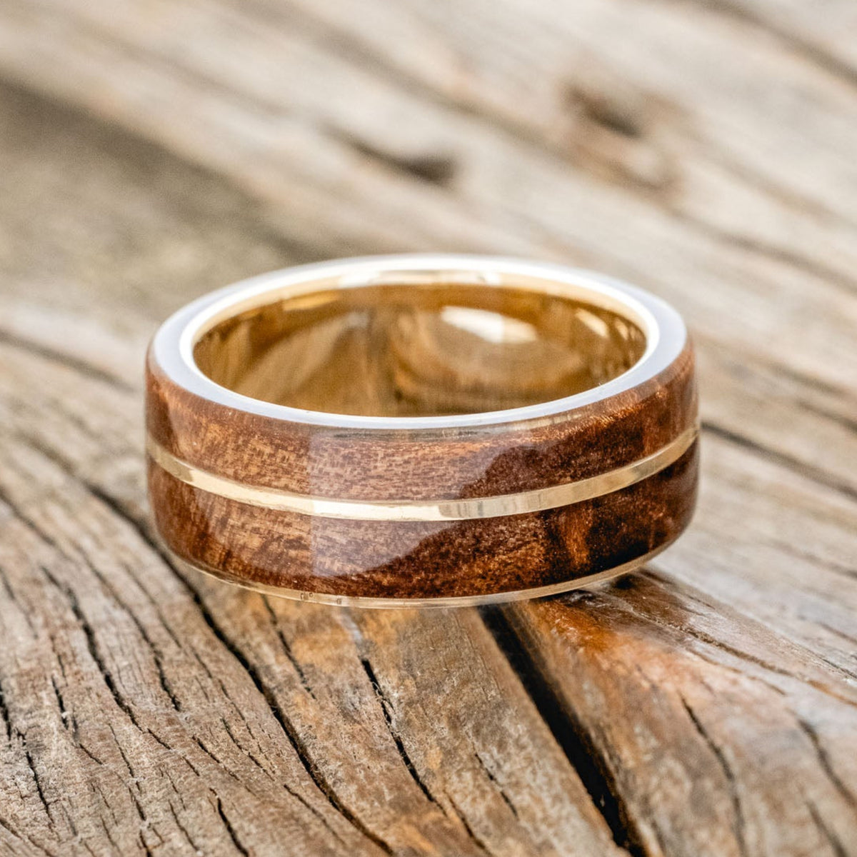 "GOLDEN" - REDWOOD & 14K GOLD INLAY WEDDING BAND-12