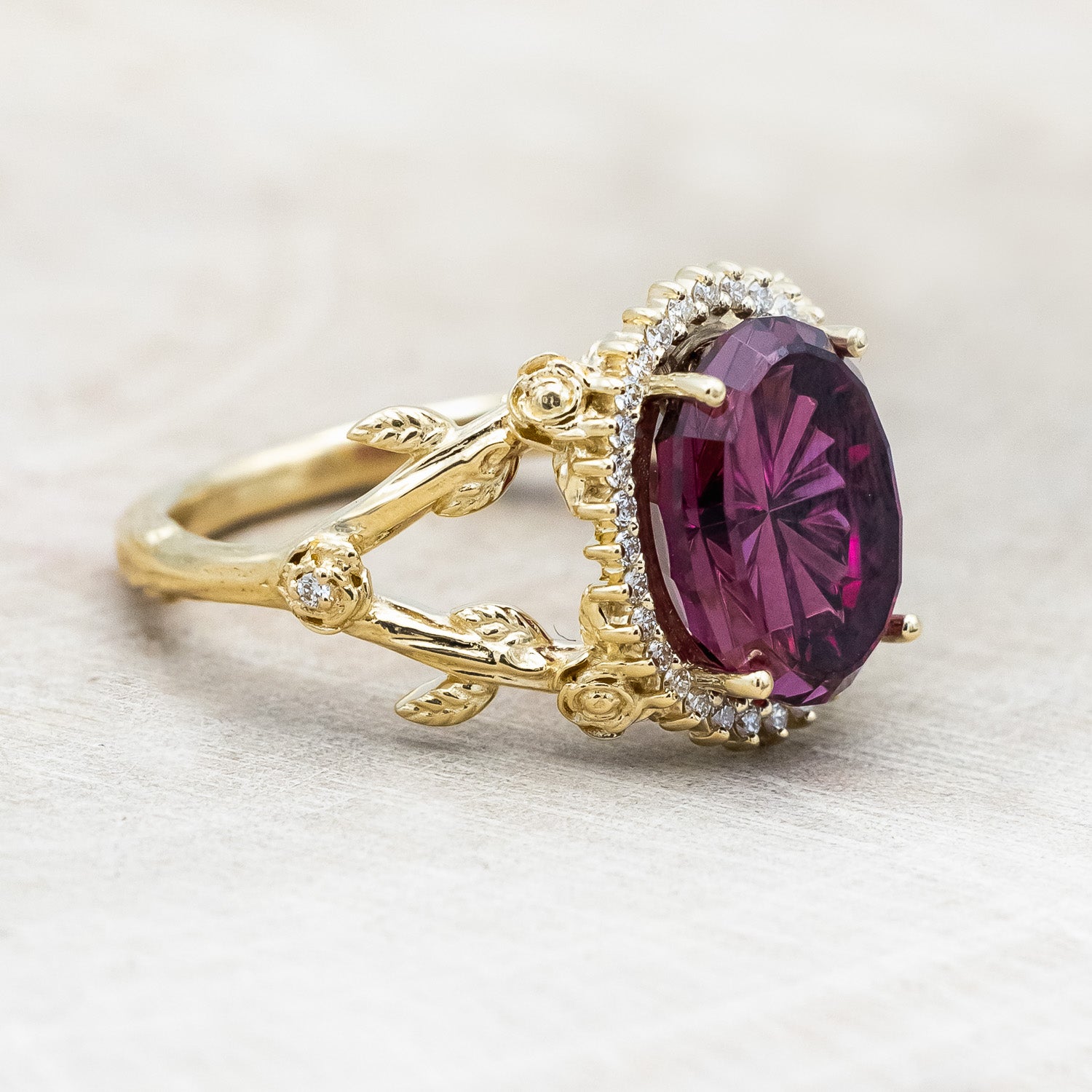 ONE-OF-A-KIND - "HALINA" - STARBRITE OVAL CUT RHODOLITE GARNET ENGAGEMENT RING WITH DIAMOND ACCENTS-Staghead Designs