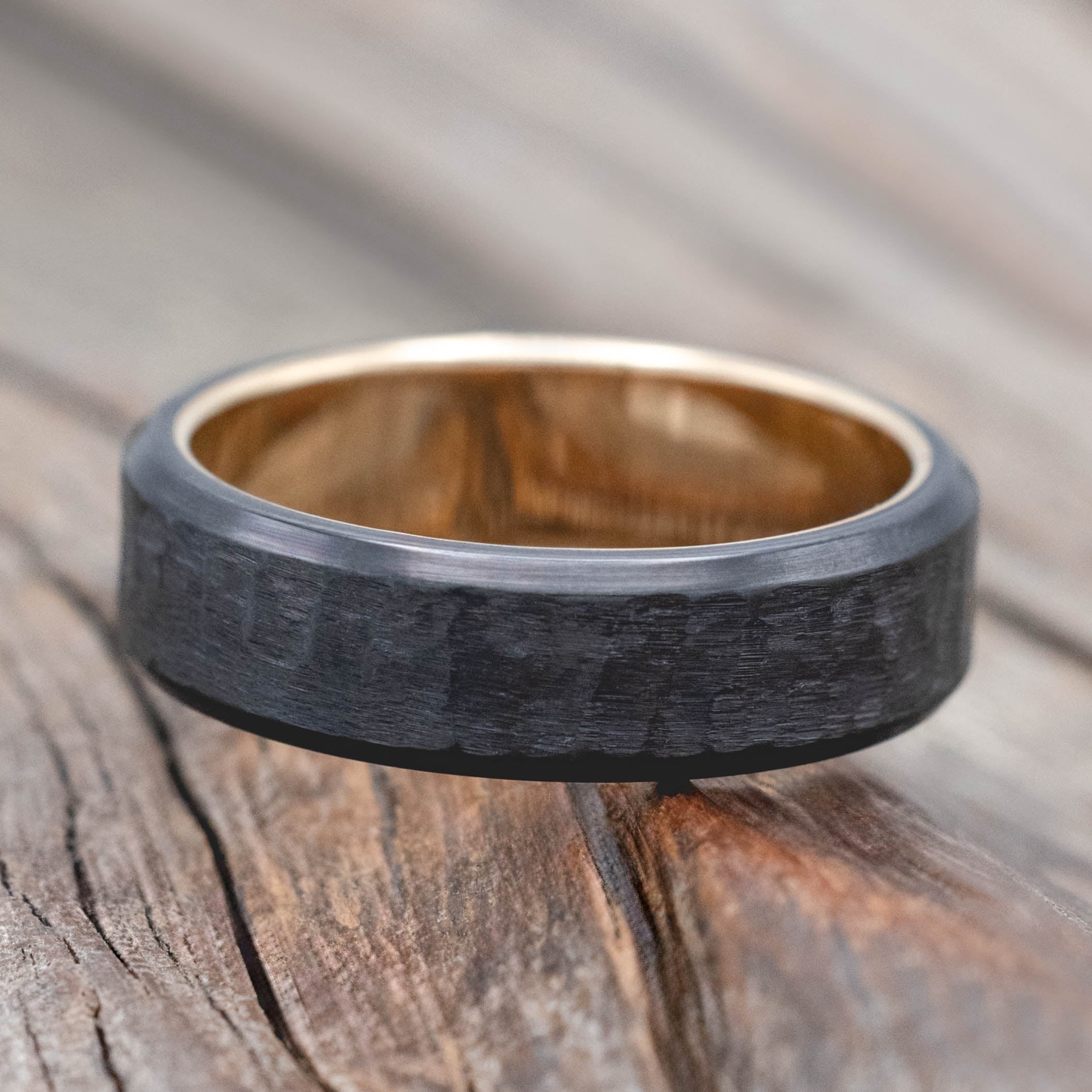 HAMMERED BLACK ZIRCONIUM WEDDING RING WITH A 14K GOLD LINING-Staghead Designs
