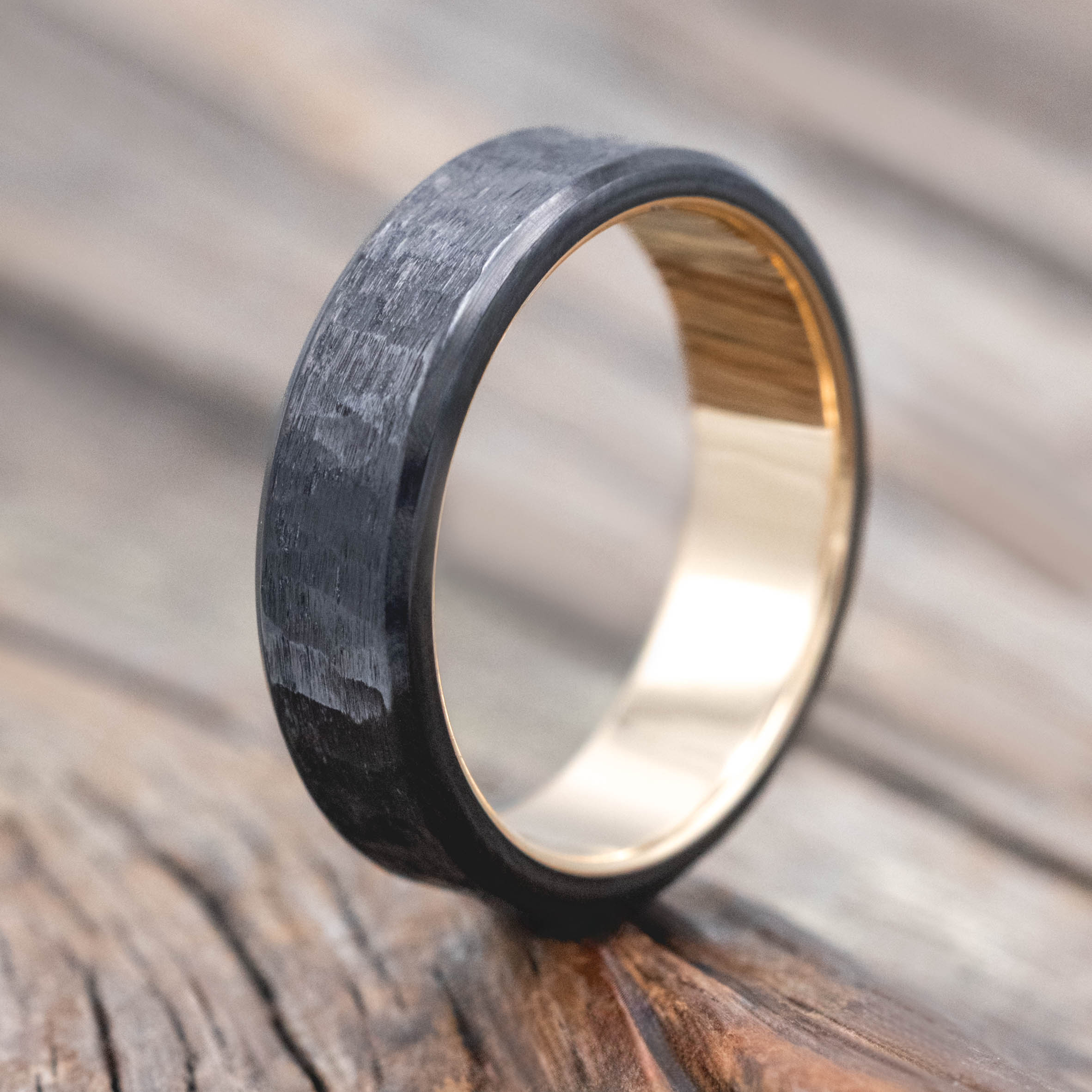 HAMMERED BLACK ZIRCONIUM WEDDING RING WITH A 14K GOLD LINING-Staghead Designs