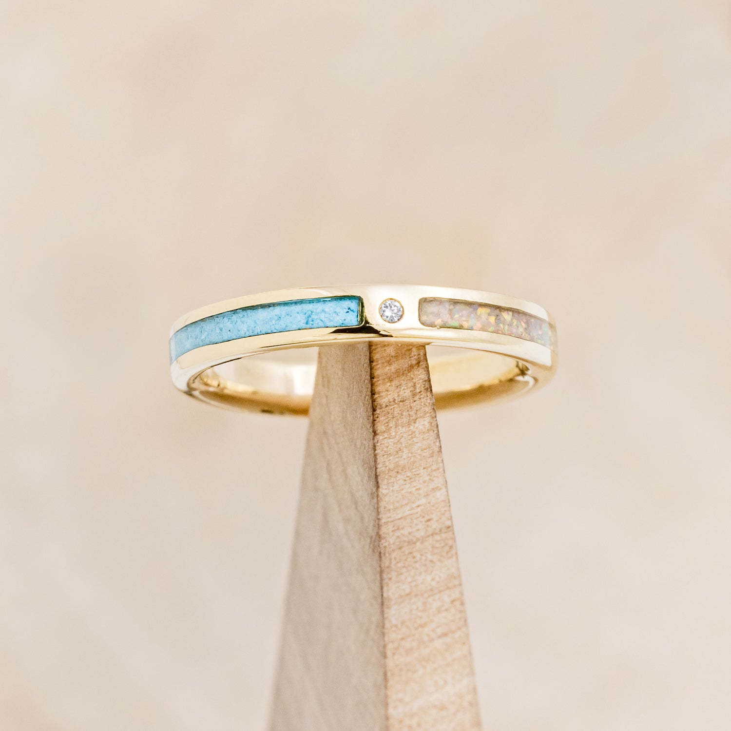 "HARMONY" - TURQUOISE AND FIRE & ICE OPAL SPLIT STACKING BAND WITH A DIAMOND ACCENT-8
