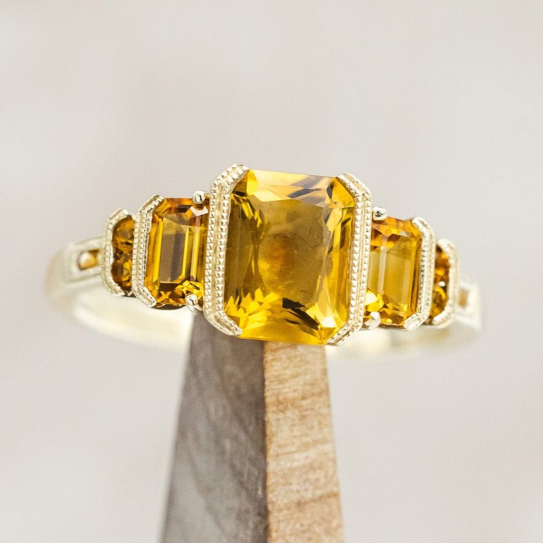 "Hazel" - accented-style citrine women's engagement ring with citrine accents on a 14K gold miligrain band
