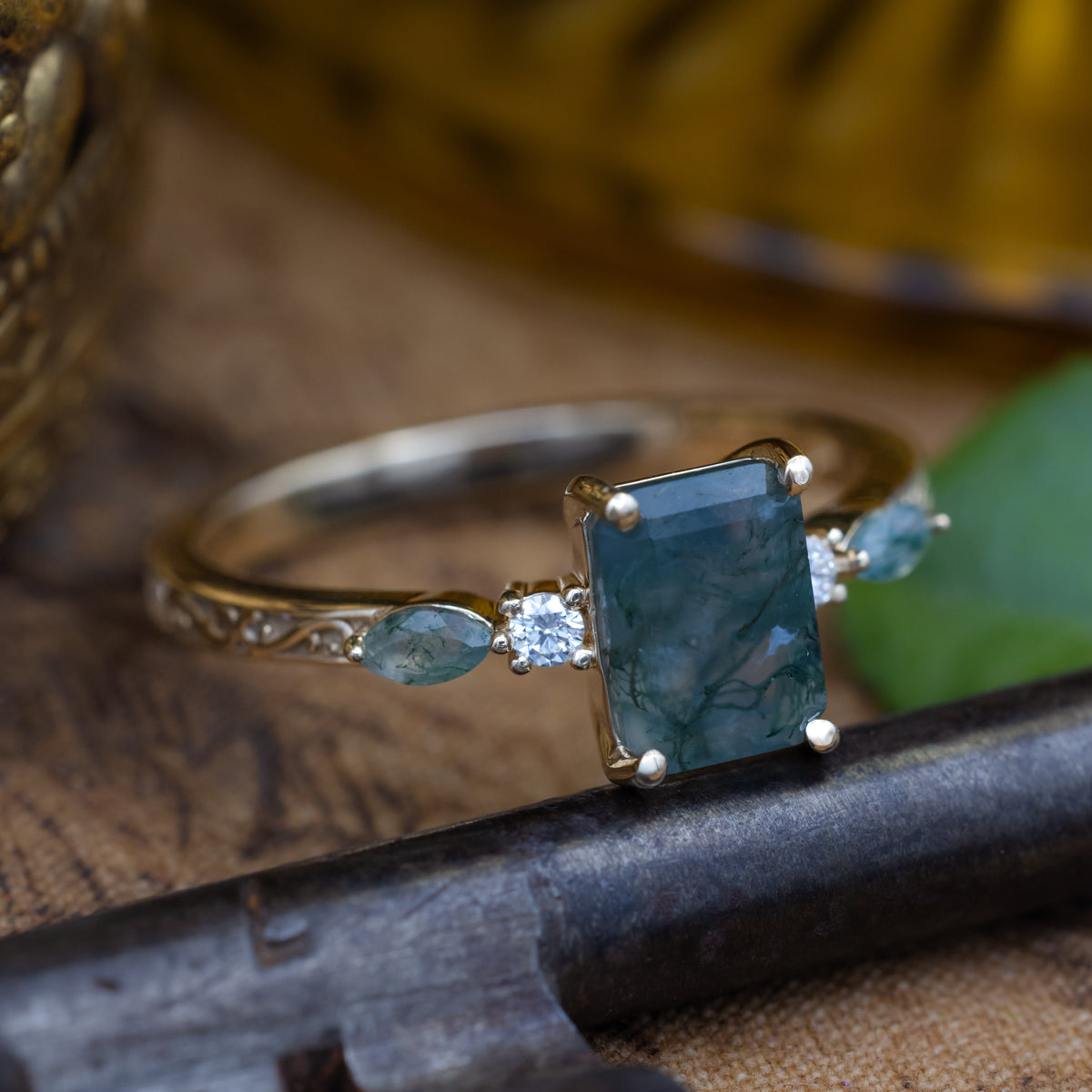 "Helena" - Emerald Cut Moss Agate Engagement Ring With Diamond & Moss Agate Accents-Staghead Designs