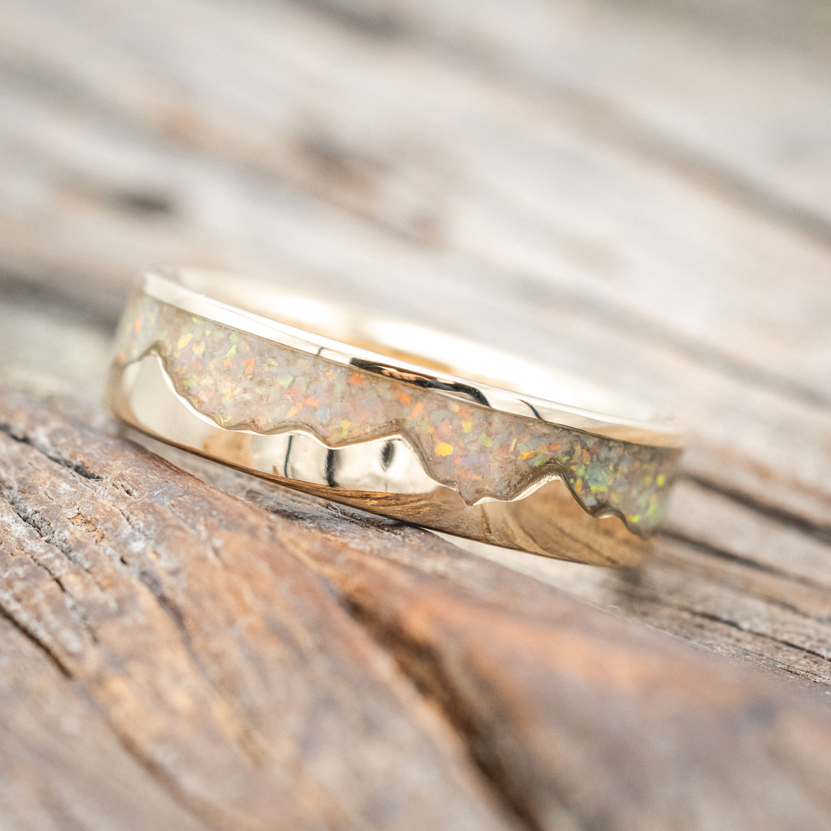 "Helios" - Fire And Ice Opal & 14K Gold Mountain Range Wedding Ring-Staghead Designs