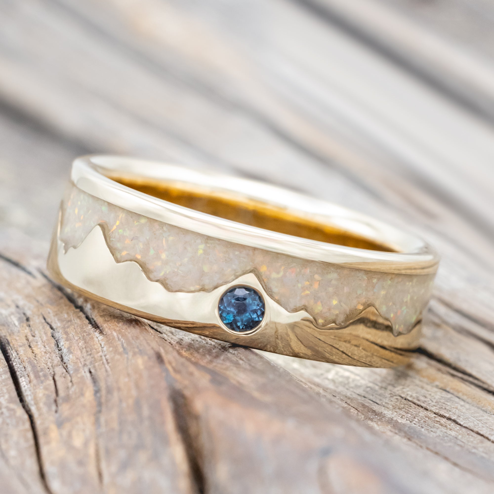 "HELIOS" - FIRE AND ICE OPAL & GOLD MOUNTAIN RANGE WEDDING RING FEATURING A ROUND CUT GEMSTONE ACCENT-Staghead Designs