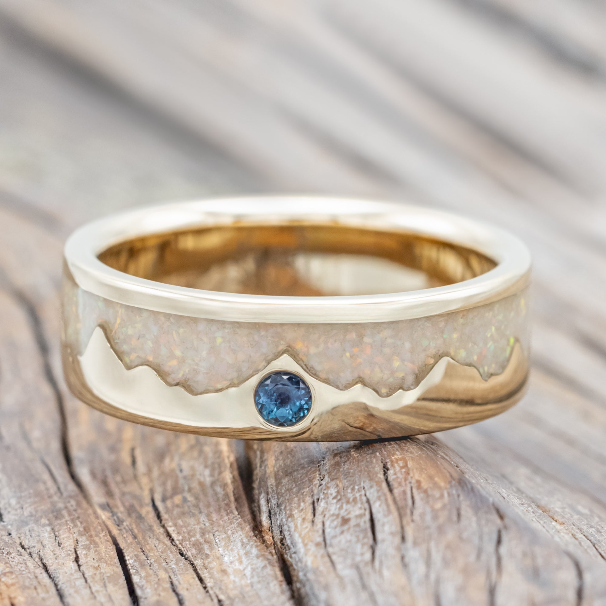 "HELIOS" - FIRE AND ICE OPAL & GOLD MOUNTAIN RANGE WEDDING RING FEATURING A ROUND CUT GEMSTONE ACCENT-Staghead Designs